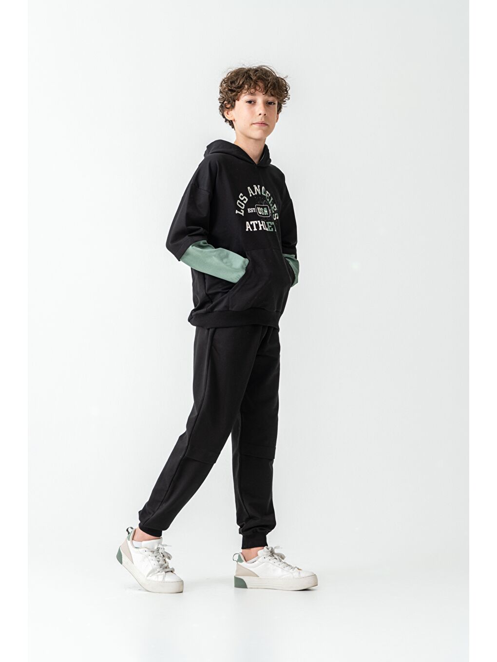 Siyah Los Angels Athletic Baskılı Kapüşonlu Kanguru Cepli Erkek Çocuk Alt Üst Eşofman Takımı