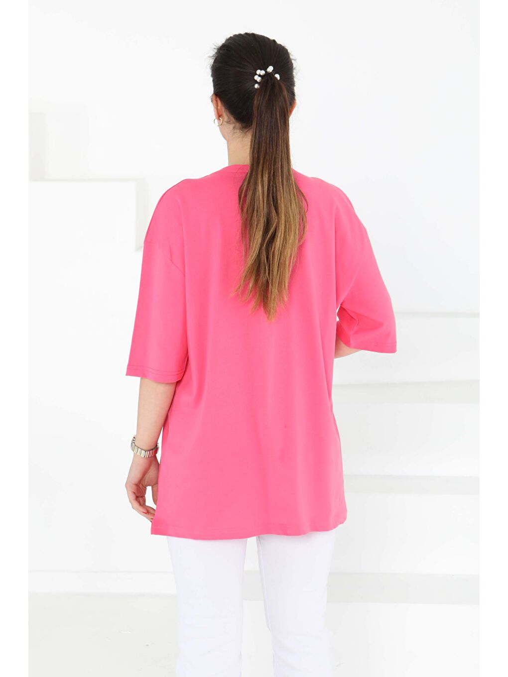 Fuşya Oversize Kısa Kollu T-Şhirt Fusya - 27118-5