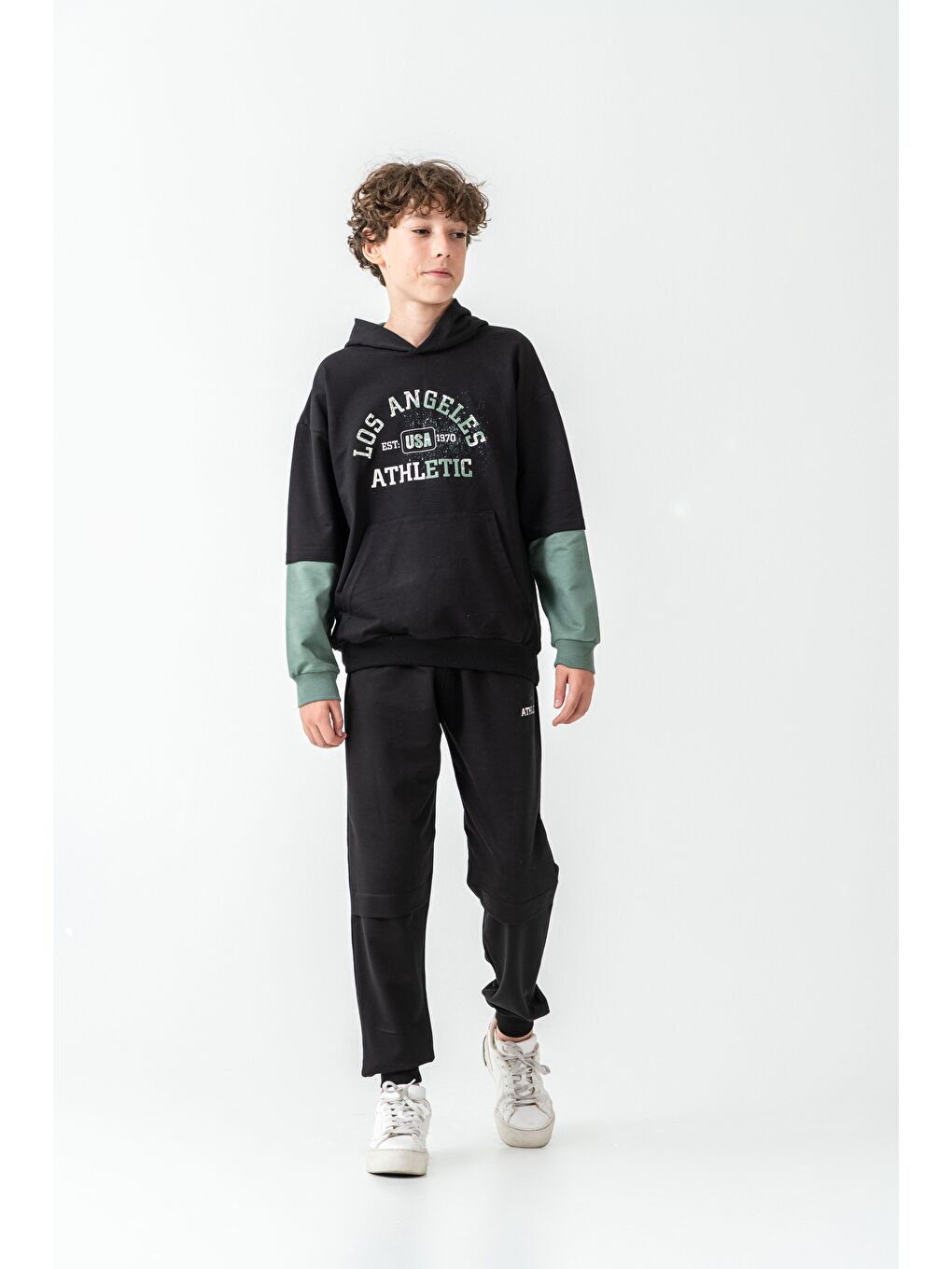 Siyah Los Angels Athletic Baskılı Kapüşonlu Kanguru Cepli Erkek Çocuk Alt Üst Eşofman Takımı-1