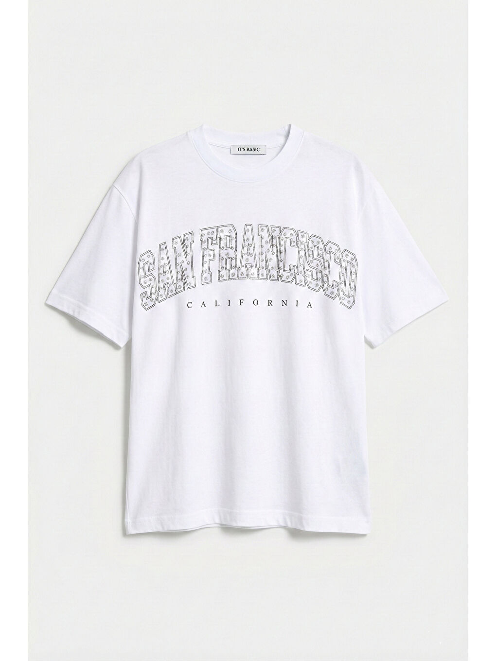 Kadın Beyaz s6-2 Oversize Özel Parlak Taşlı Sloganlı Bol Kesim T-shirt-2