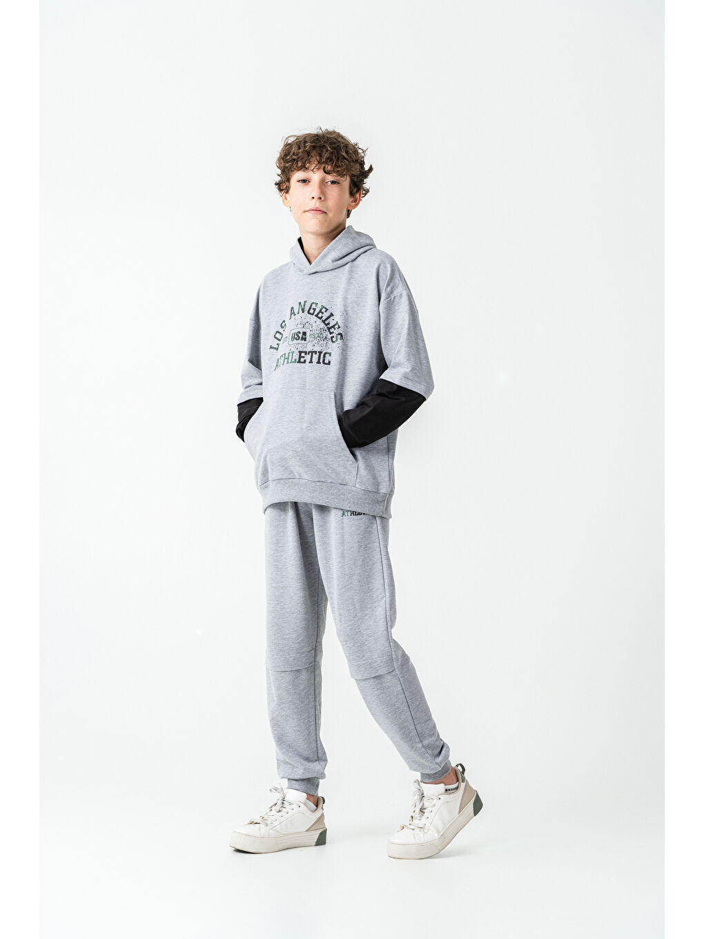 Gri Los Angels Athletic Baskılı Kapüşonlu Kanguru Cepli Erkek Çocuk Alt Üst Eşofman Takımı-3