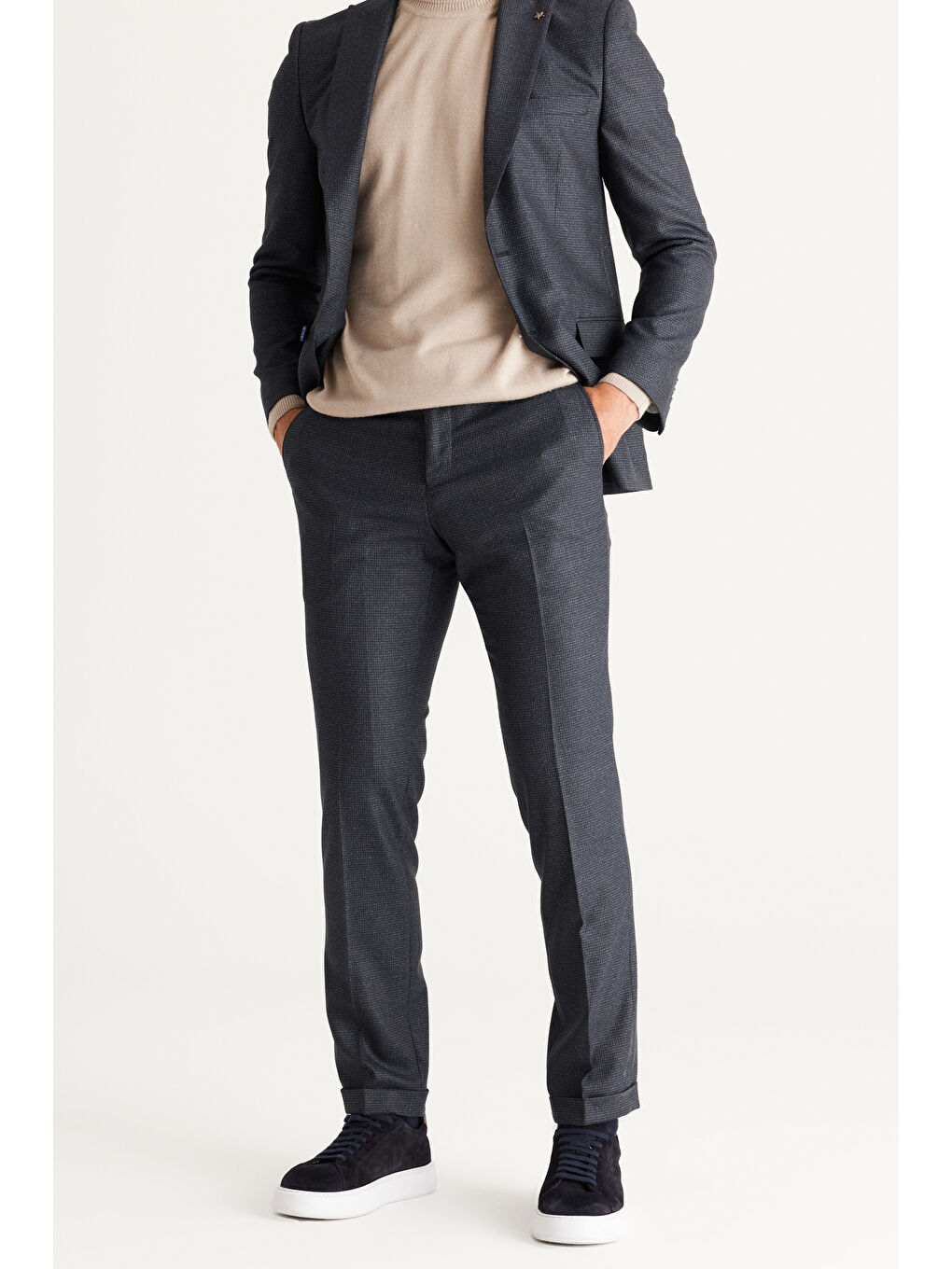 Erkek Lacivert-Gri Slim Fit Dar Kesim Kırlangıç Yaka Desenli Takım Elbise-2