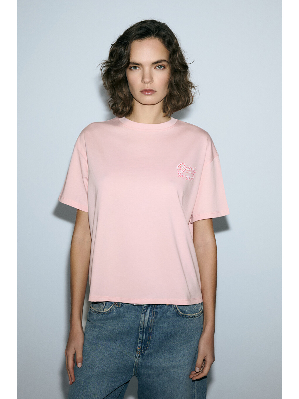 Pembe TILORIA Kadın Organik Pamuklu Baskılı Bisiklet Yaka Regular Fit SOMON T-Shirt-3