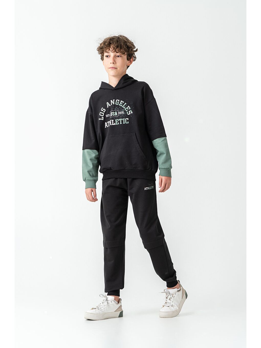 Siyah Los Angels Athletic Baskılı Kapüşonlu Kanguru Cepli Erkek Çocuk Alt Üst Eşofman Takımı-2