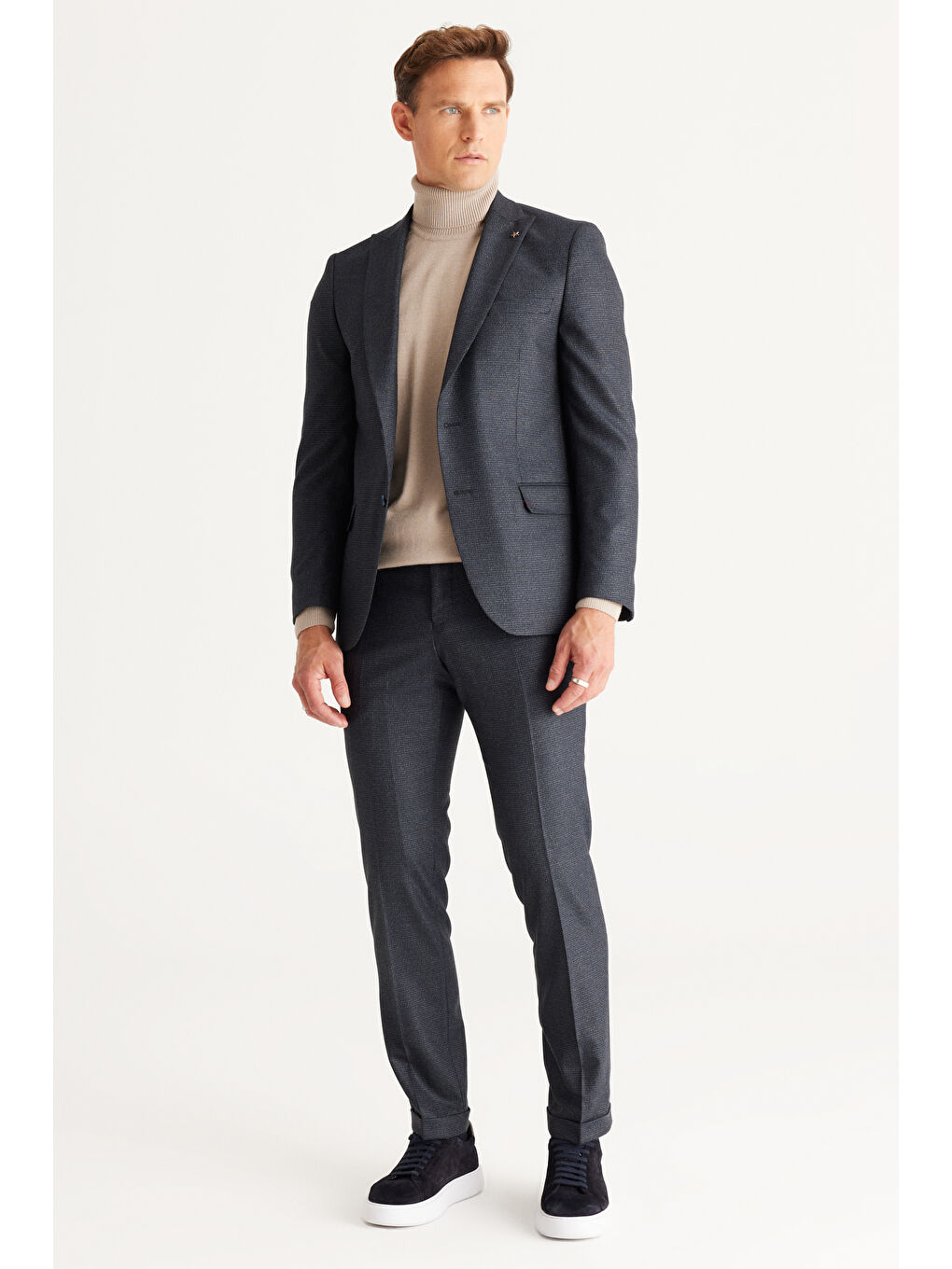 Erkek Lacivert-Gri Slim Fit Dar Kesim Kırlangıç Yaka Desenli Takım Elbise-4