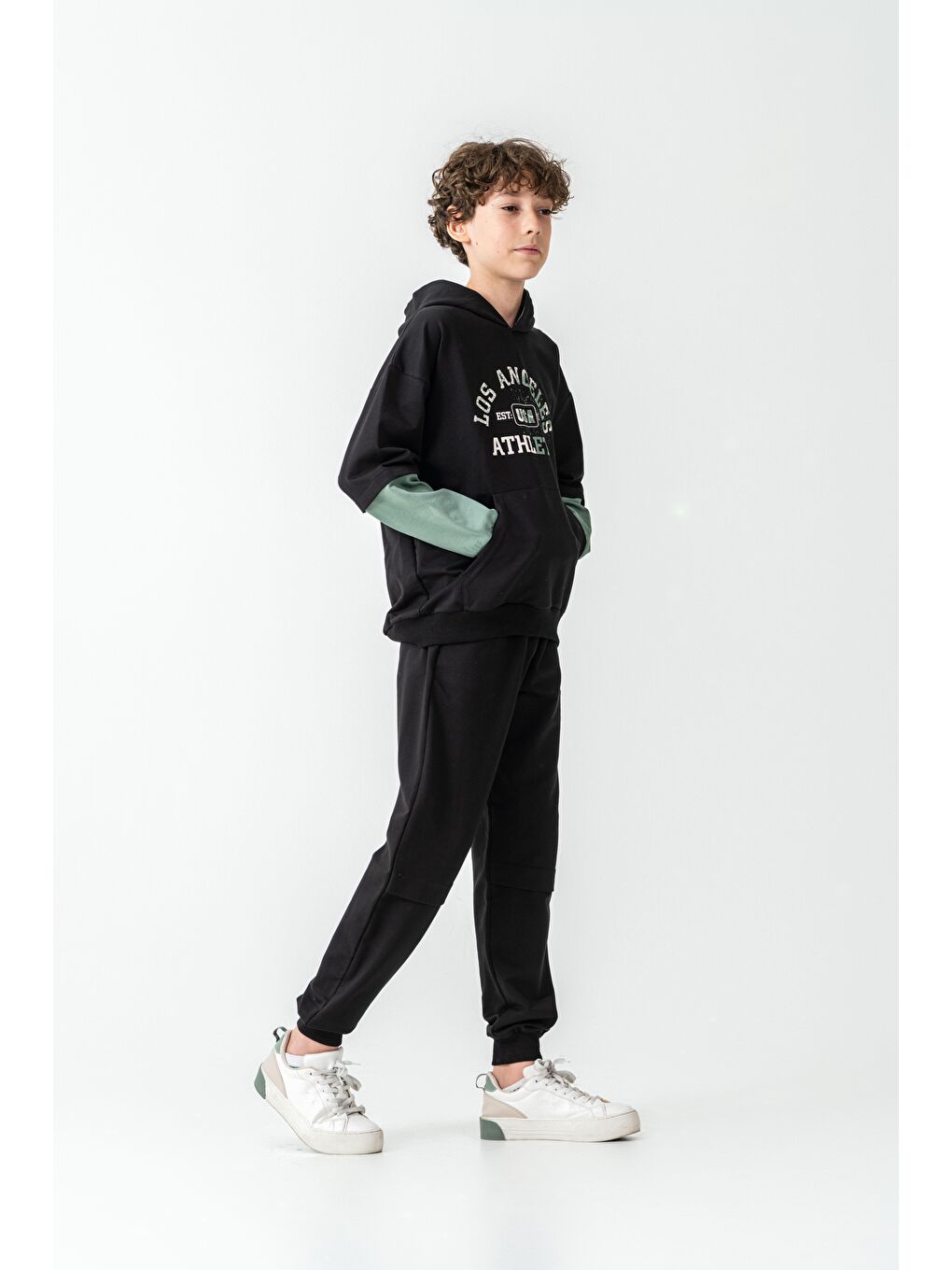 Siyah Los Angels Athletic Baskılı Kapüşonlu Kanguru Cepli Erkek Çocuk Alt Üst Eşofman Takımı-3