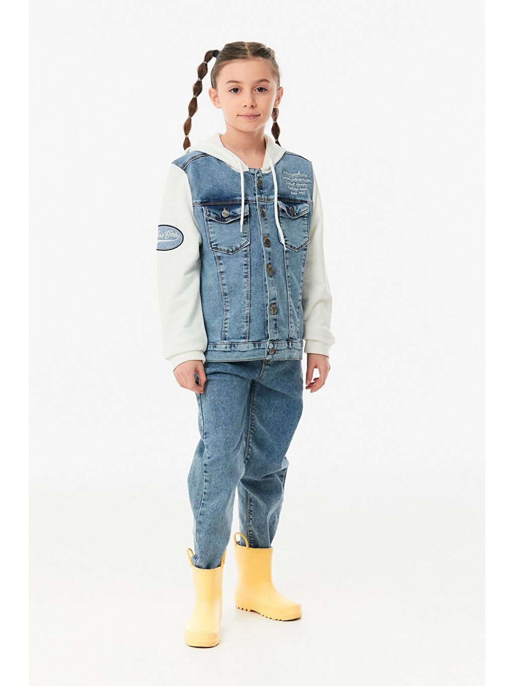 Mavi Nakışlı Kapüşonlu Kız Çocuk Jean Ceket-2