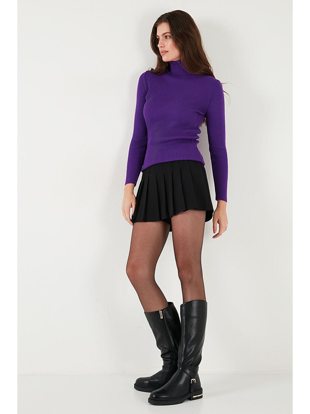 Mor Fitilli Regular Fit Balıkçı Yaka Soft Akrilik Kadın Kazak 4614102-2