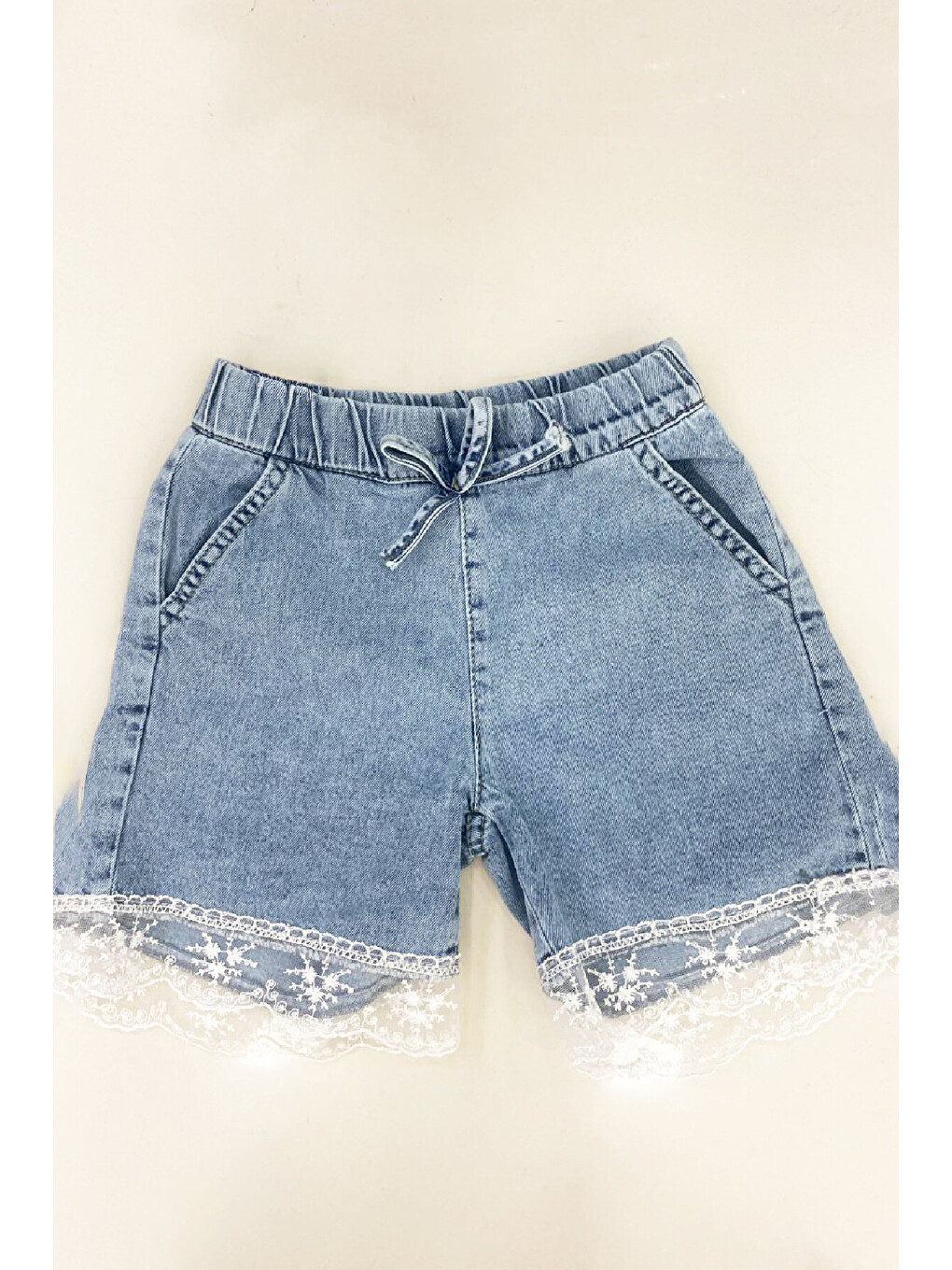 Mavi Kız Çocuk Tül Dantelli Ve Beli Lastikli Jean Şort 2-12 Yaş 12674SK-3