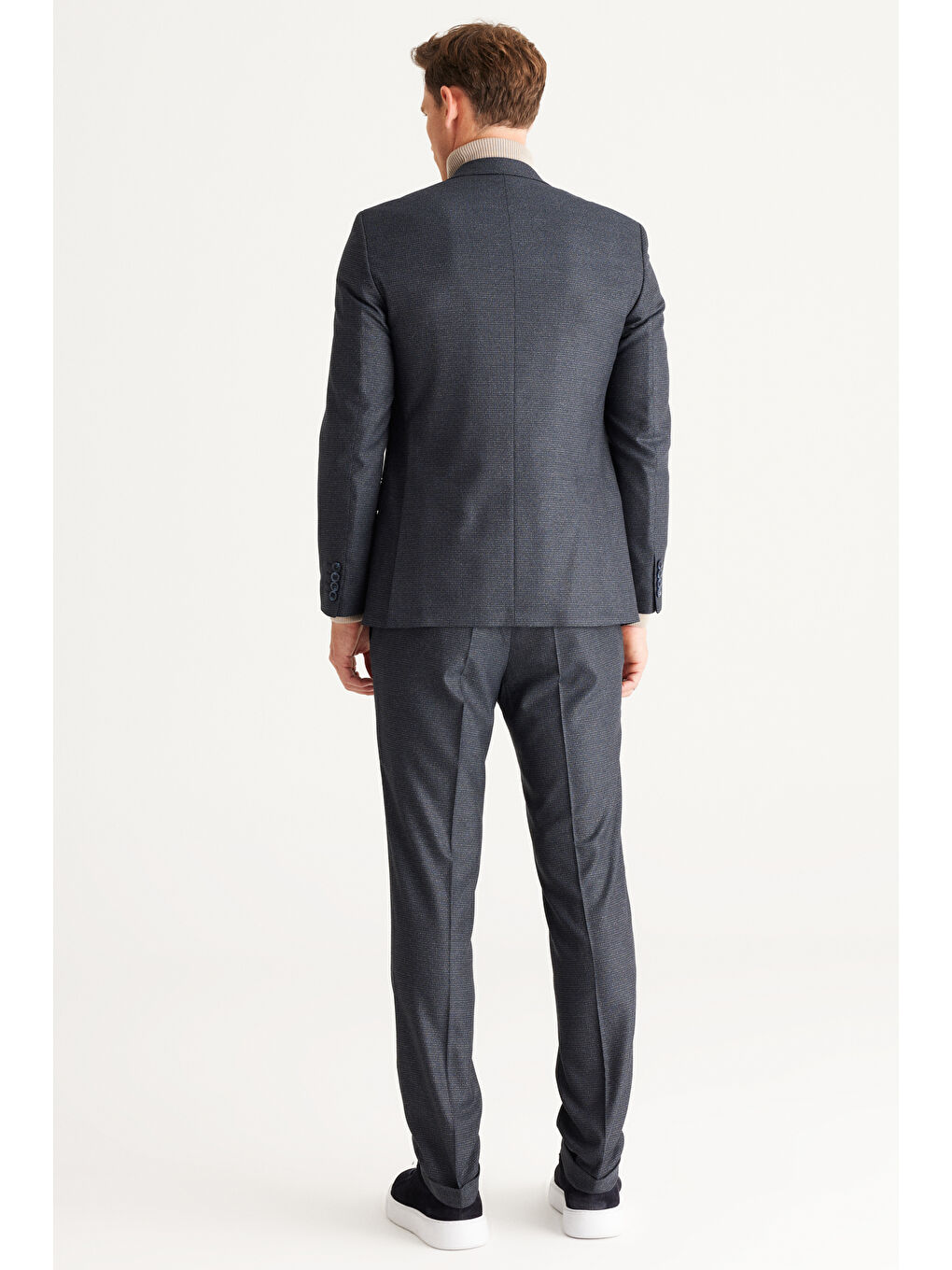 Erkek Lacivert-Gri Slim Fit Dar Kesim Kırlangıç Yaka Desenli Takım Elbise-5