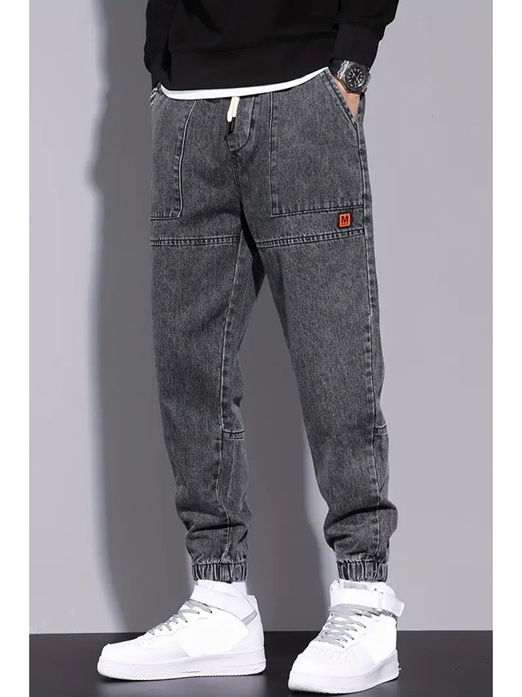 Gri Erkek Bel Ve Paça Lastikli Jogger Jean Pantolon