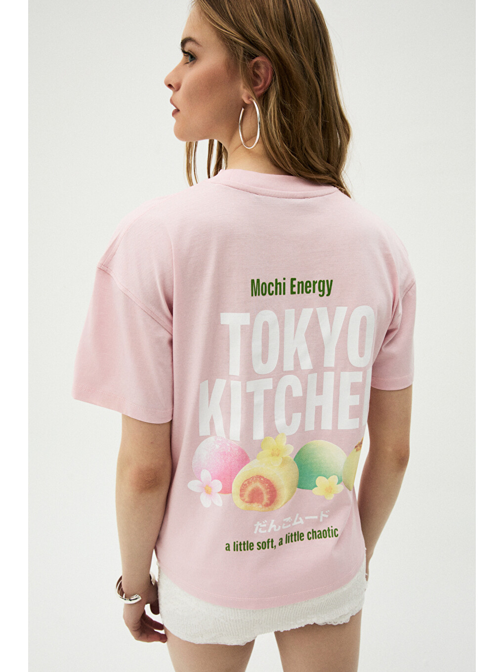 Pembe MOCHI Kadın %100 Organik Pamuklu Yuvarlak Yakalı Baskılı PEMBE T-Shirt-1