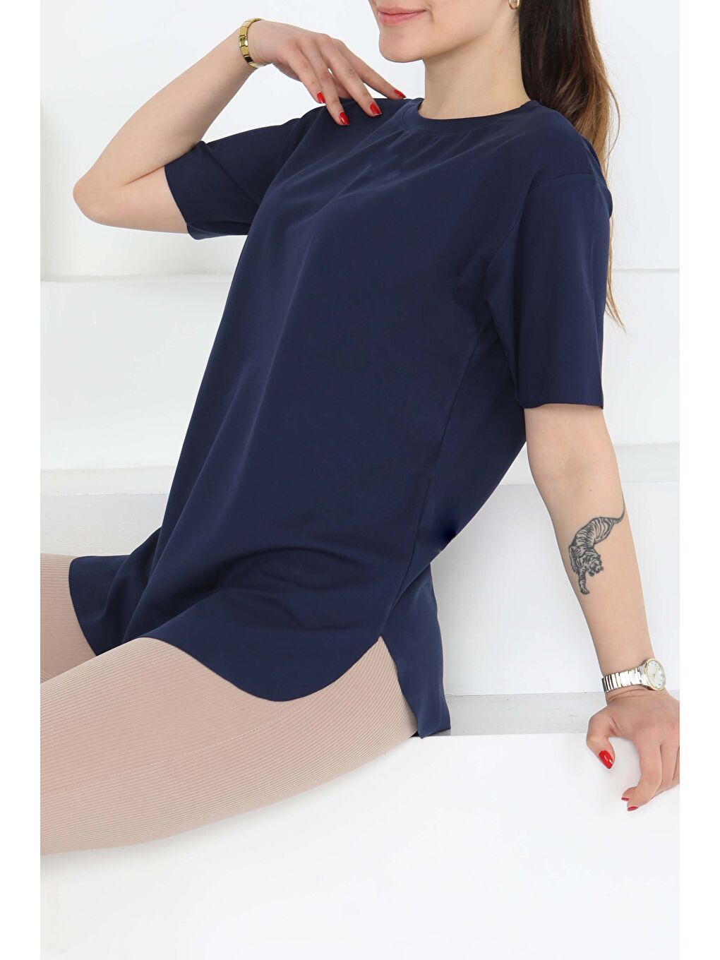 Yırtmalı Kısa Kollu T-Şhirt Lacivert - 27117-1