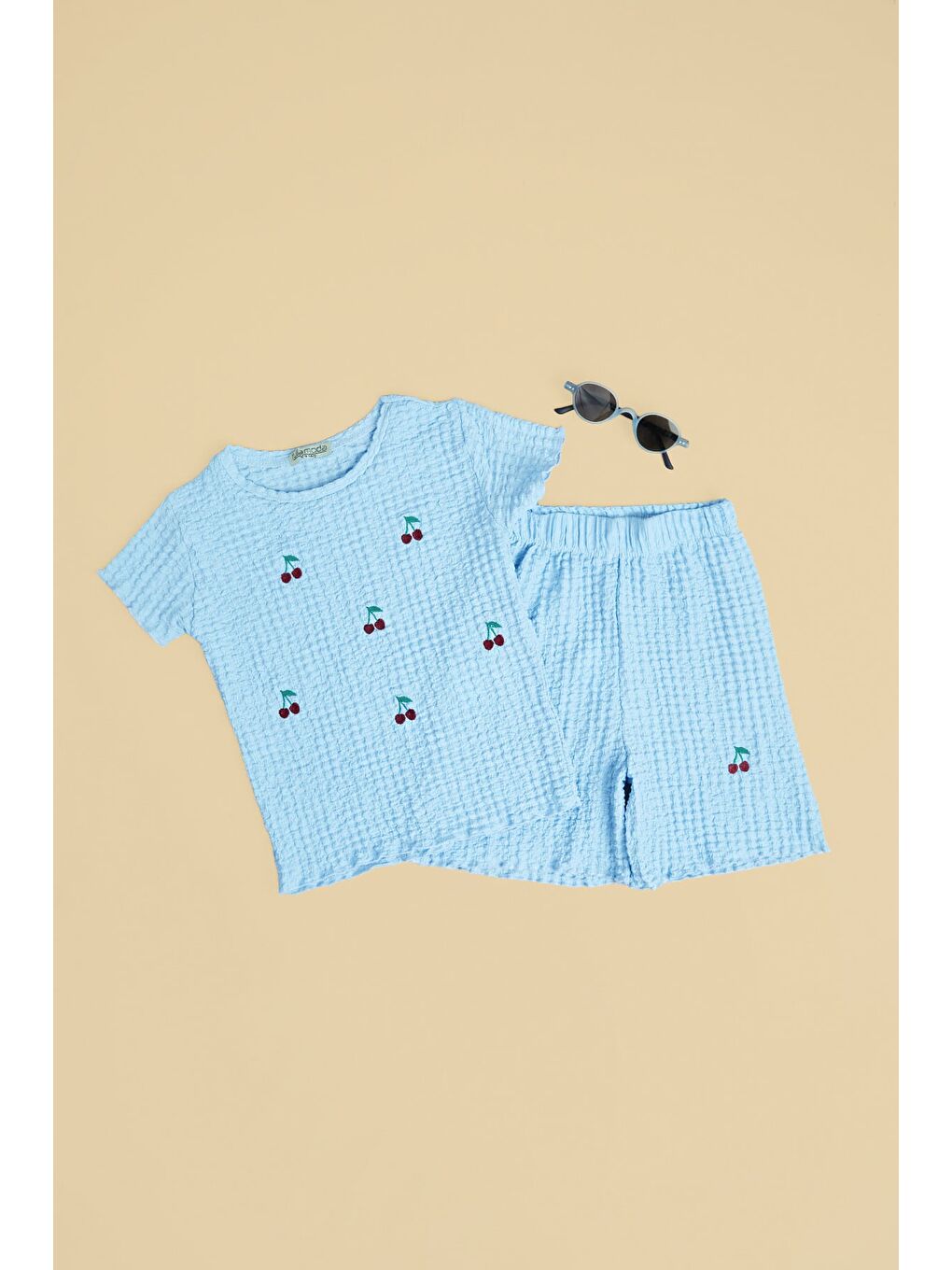 Mavi Kiraz Nakışlı Dokulu Şortlu Kız Çocuk 2 Li Takım