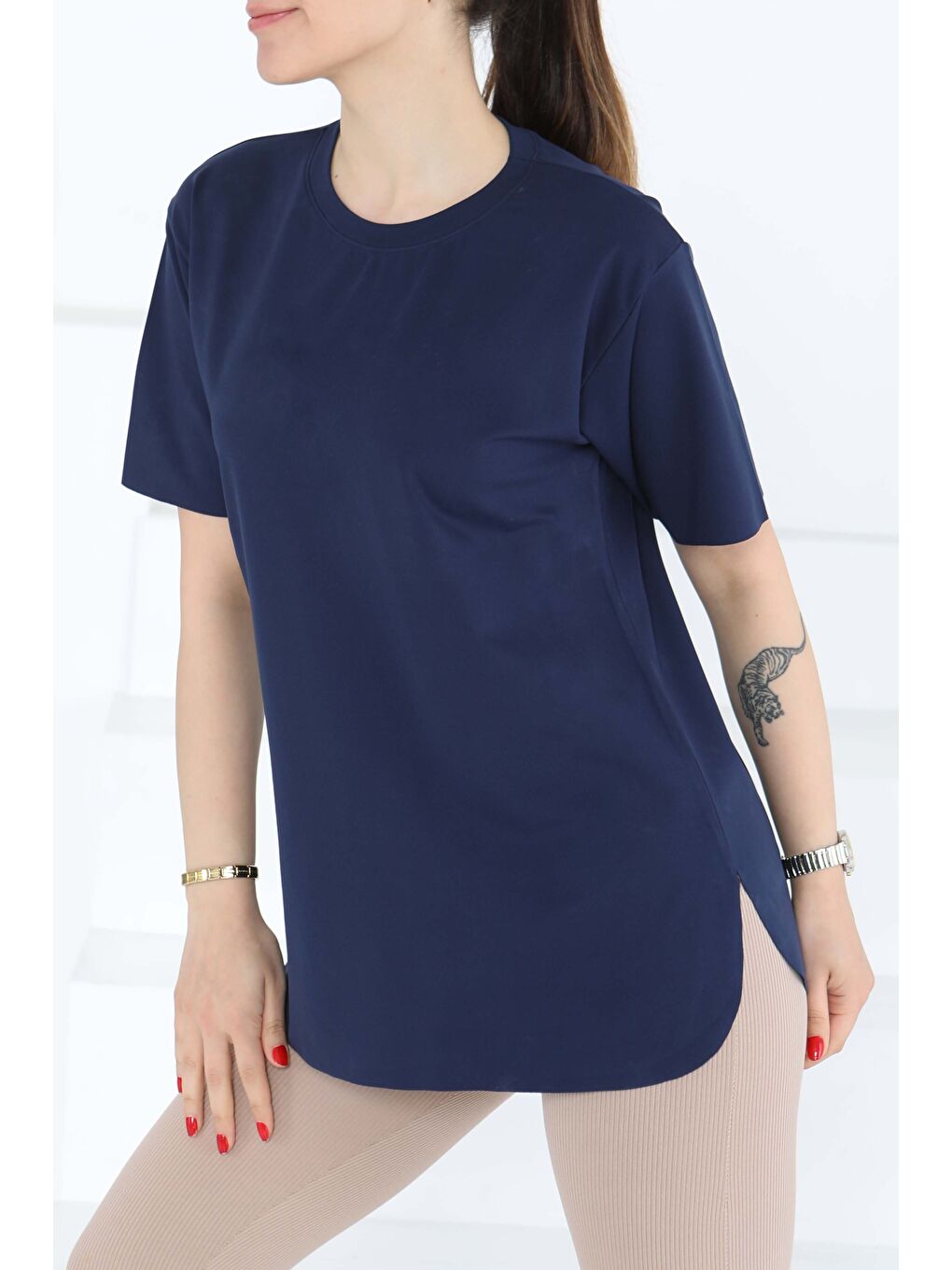 Yırtmalı Kısa Kollu T-Şhirt Lacivert - 27117-2