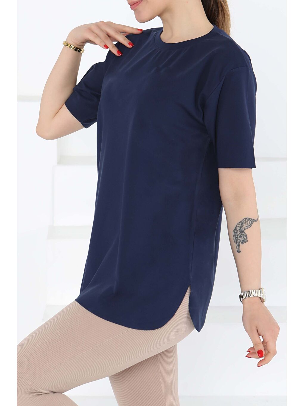 Yırtmalı Kısa Kollu T-Şhirt Lacivert - 27117-3