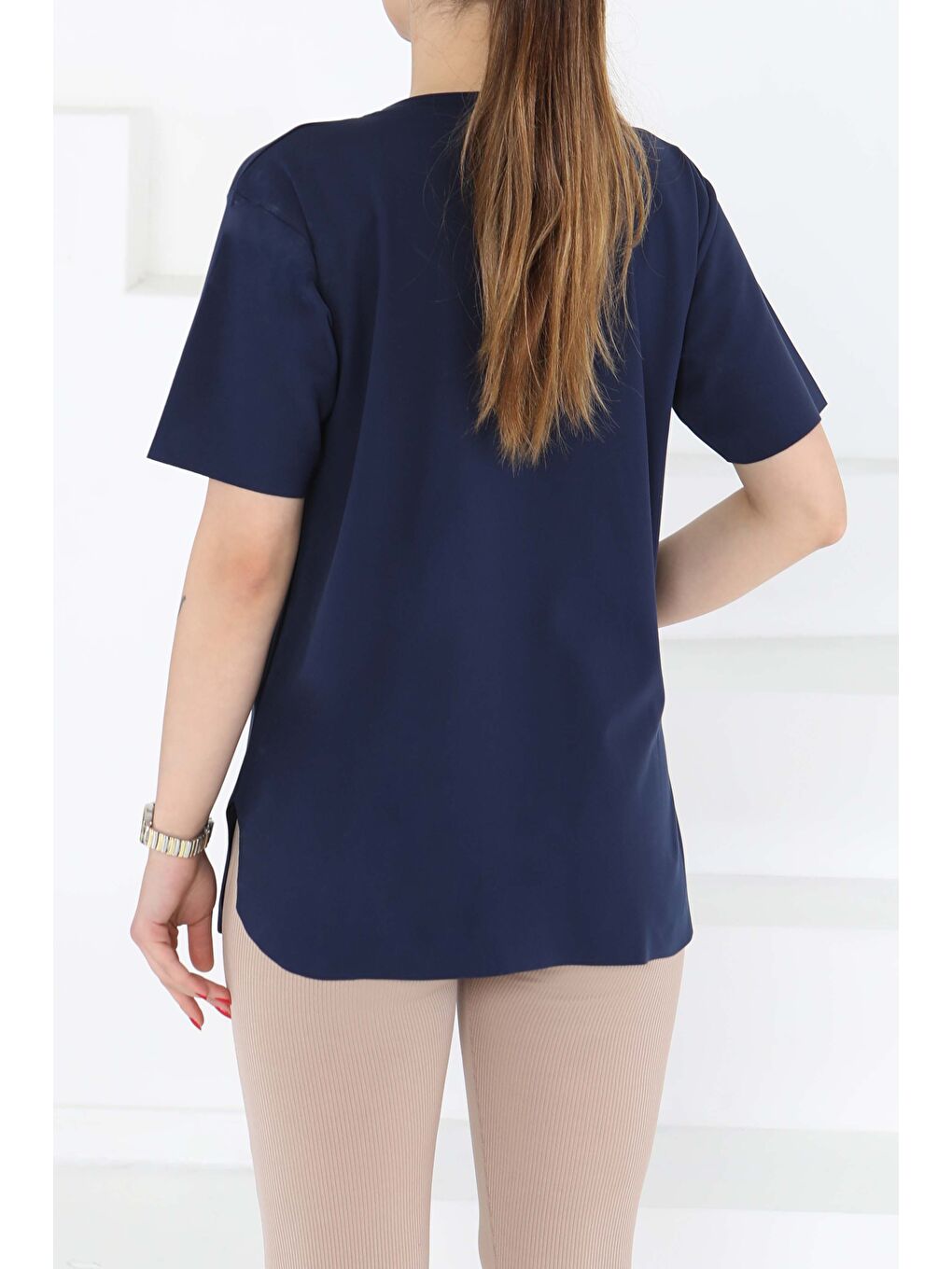 Yırtmalı Kısa Kollu T-Şhirt Lacivert - 27117-4