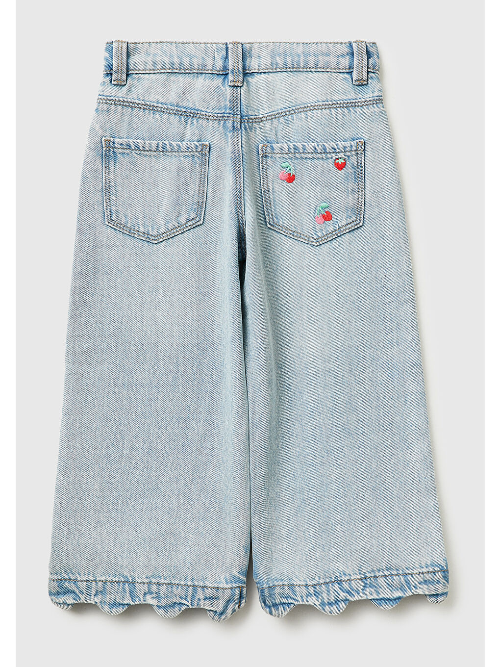 Kız Çocuk Açık Mavi Arka Cebi Nakışlı 5 Cepli Dalgalı Paça Denim Pantolon-1