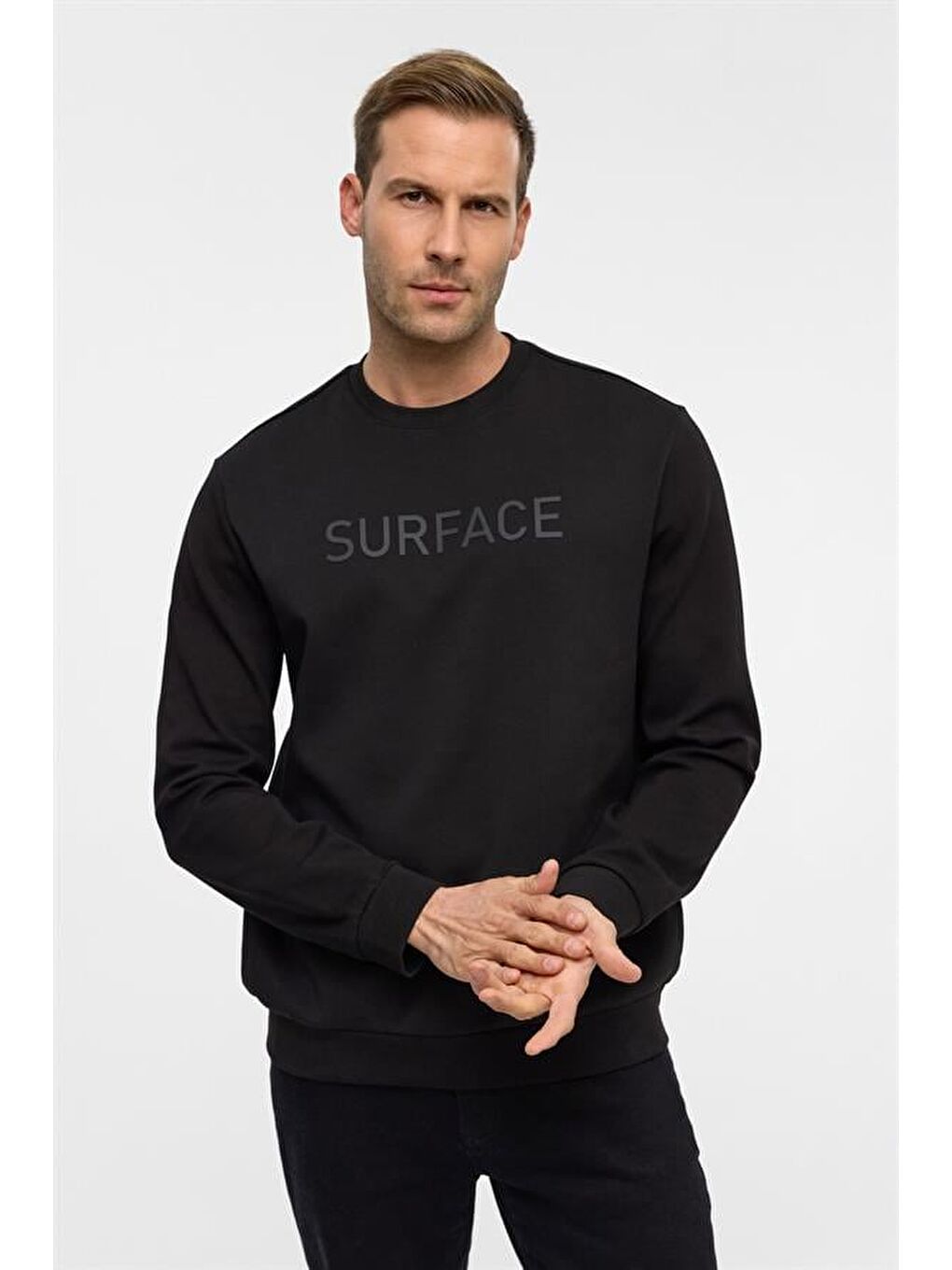 Siyah Regular Düz Bisiklet Yaka Sweatshirt-1