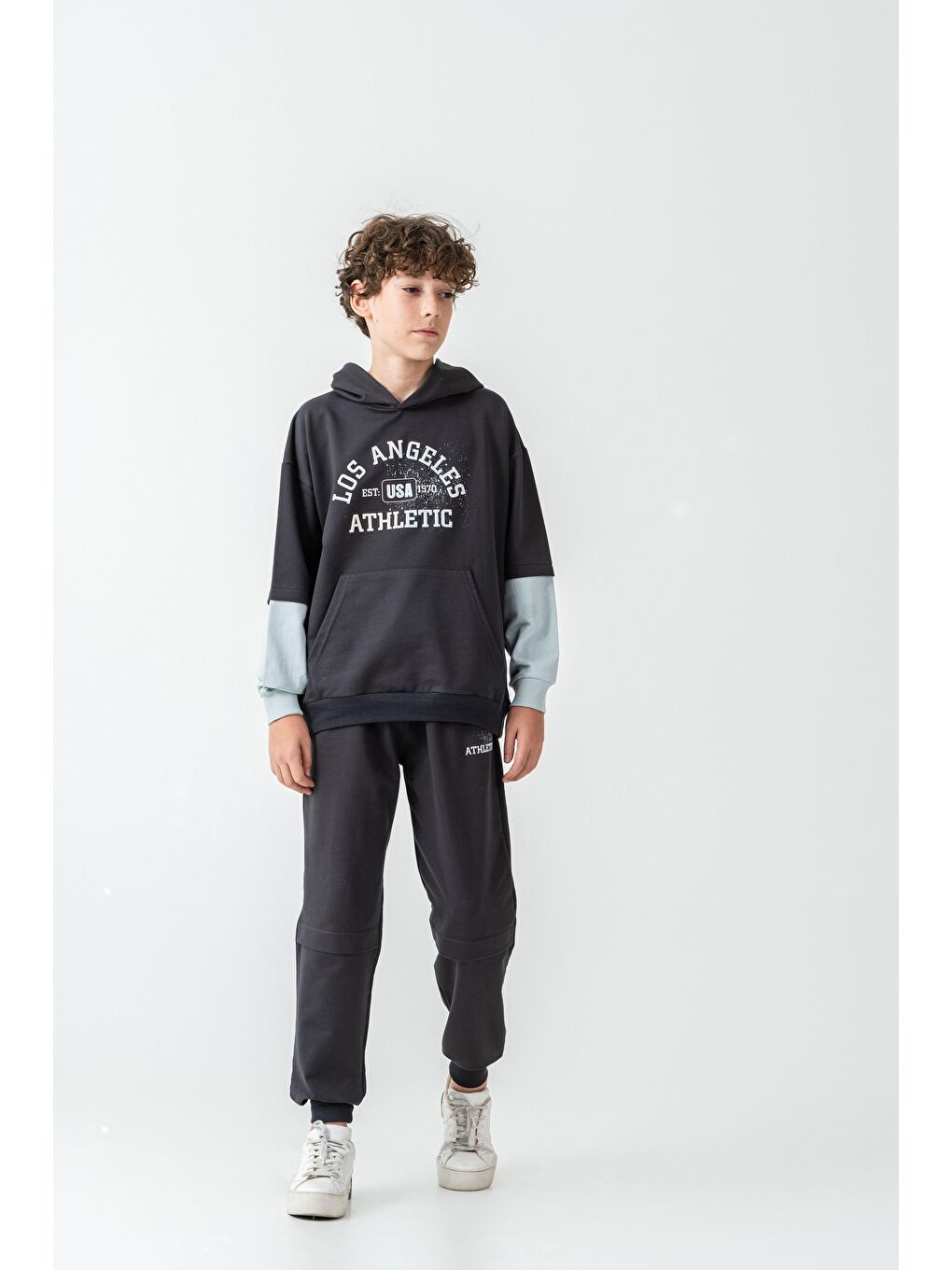 Gri Los Angels Athletic Baskılı Kapüşonlu Kanguru Cepli Erkek Çocuk Alt Üst Eşofman Takımı