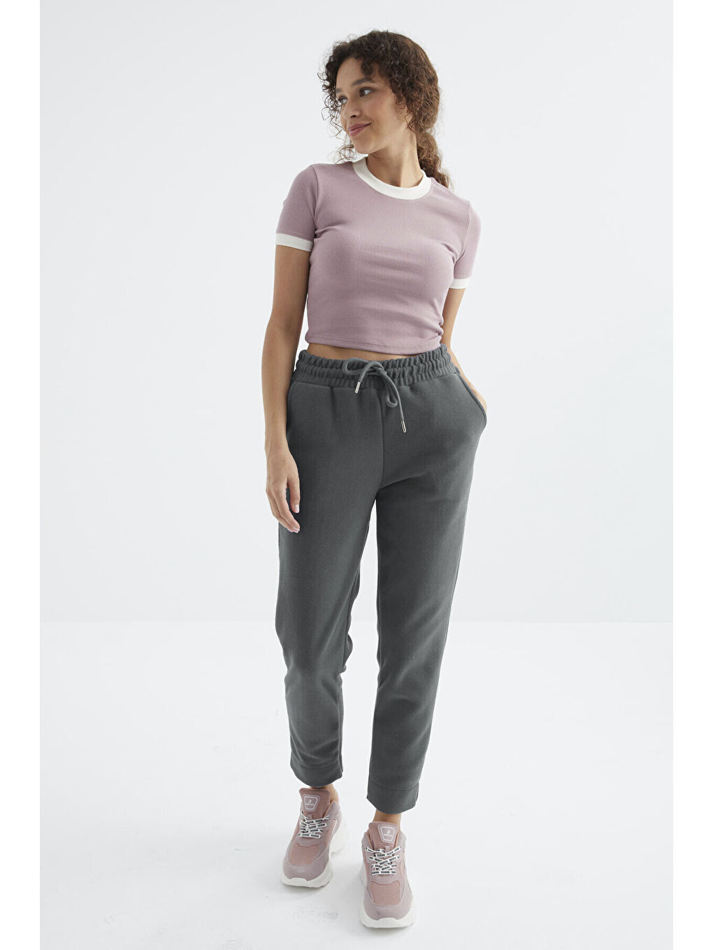 Yeşil Çağla Yüksel Bel Rahat Form Geniş Paça Cepli Kadın Polar Eşofman Alt - 94623