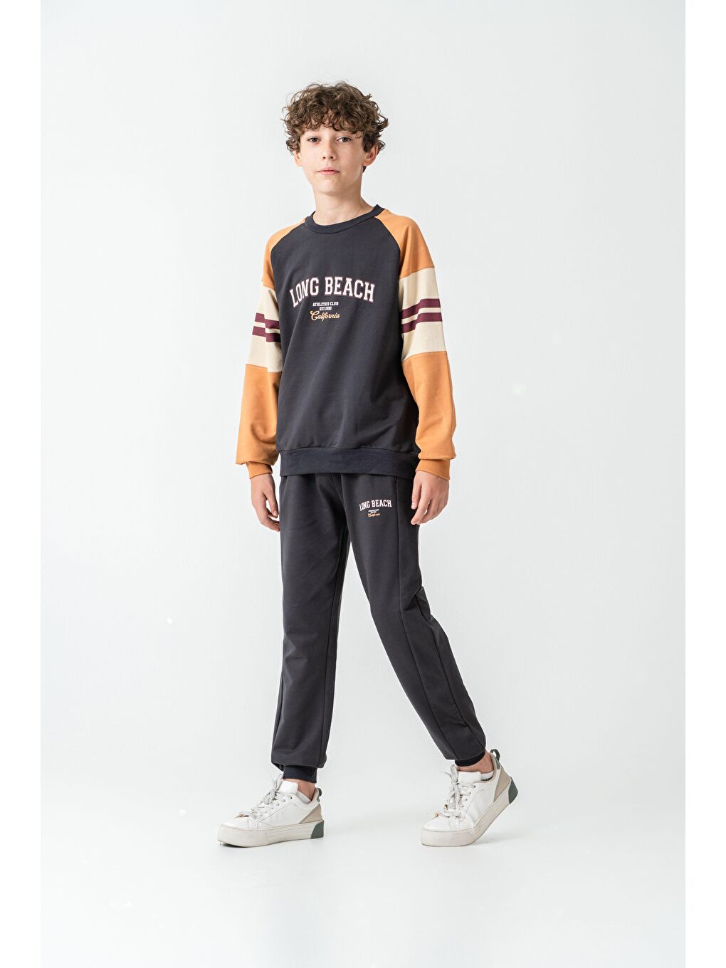 Gri Long Beach Baskılı Üst Sweat Kollar Garnili  Erkek Çocuk Alt Üst Eşofman Takımı