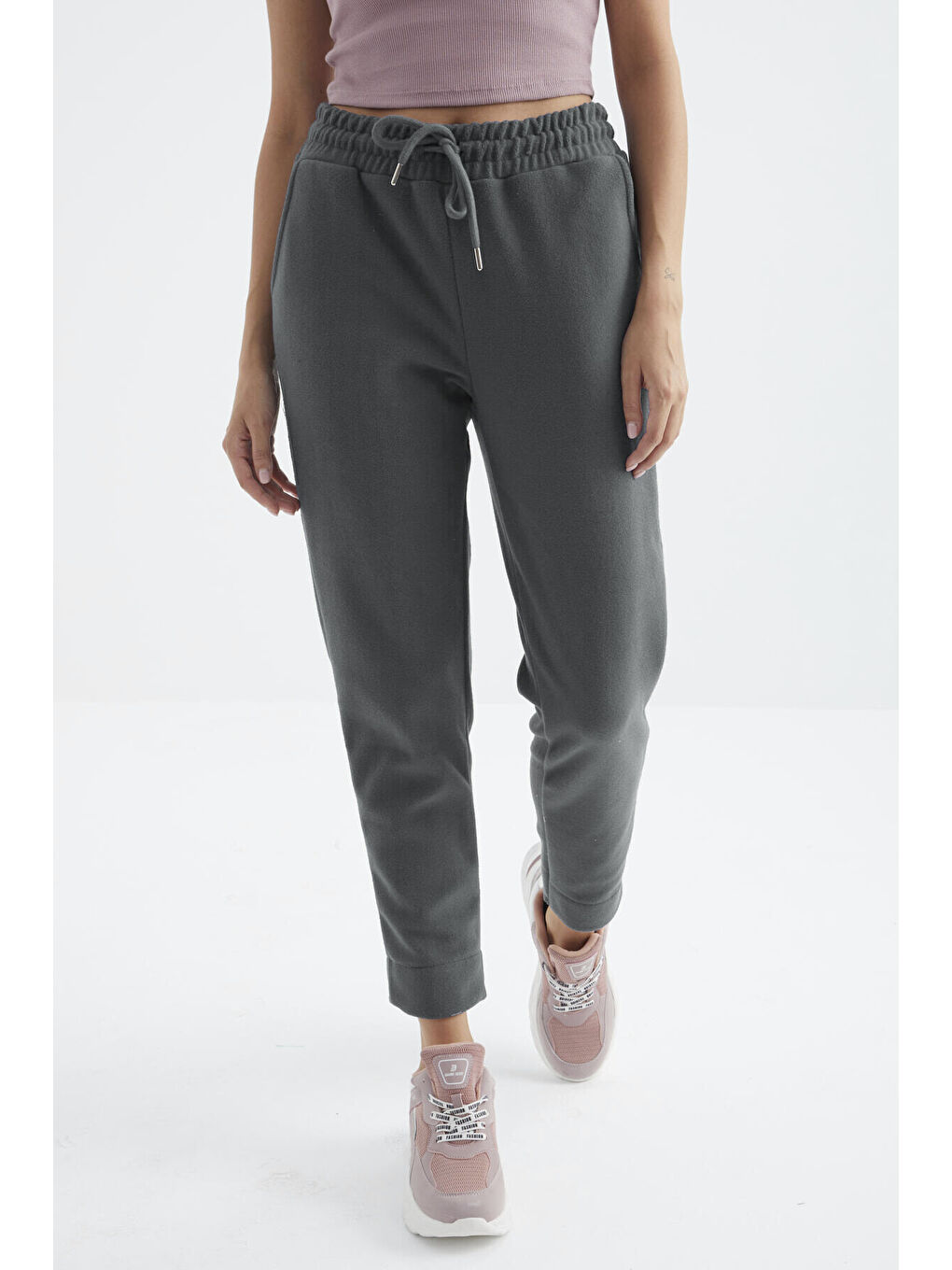 Yeşil Çağla Yüksel Bel Rahat Form Geniş Paça Cepli Kadın Polar Eşofman Alt - 94623-1