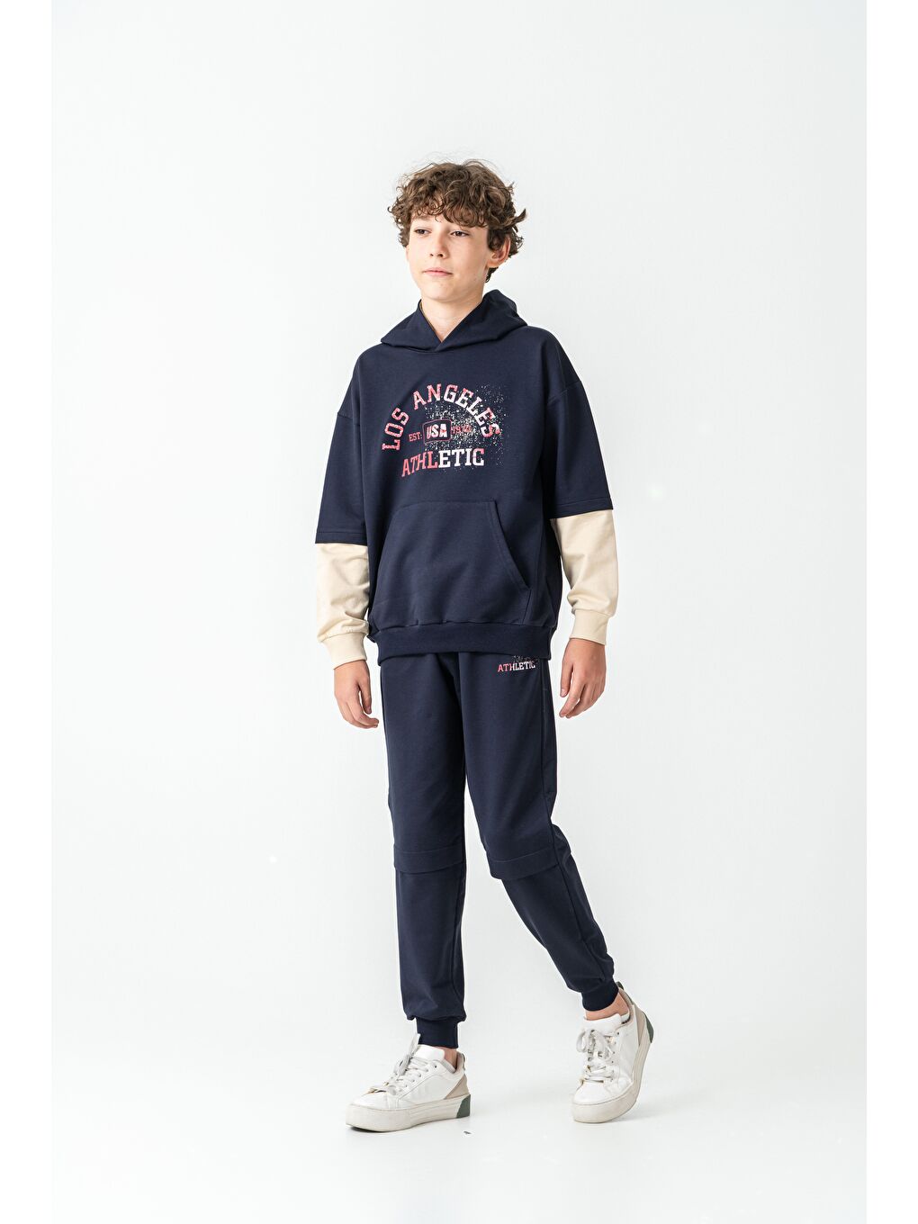 Lacivert Los Angels Athletic Baskılı Kapüşonlu Kanguru Cepli Erkek Çocuk Alt Üst Eşofman Takımı-1