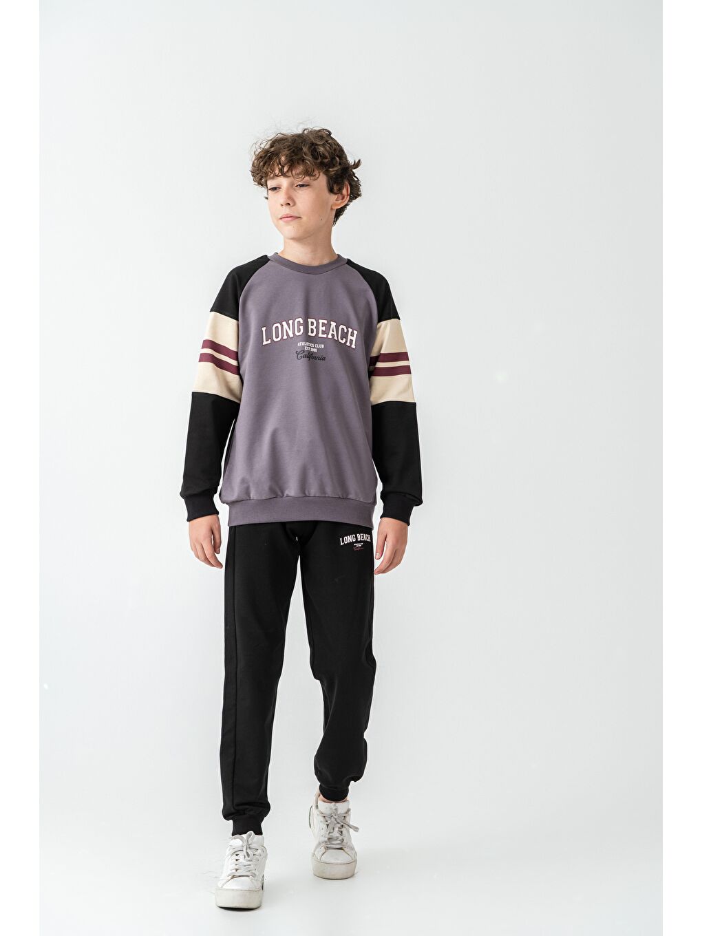 Gri Long Beach Baskılı Üst Sweat Kollar Garnili  Erkek Çocuk Alt Üst Eşofman Takımı-1