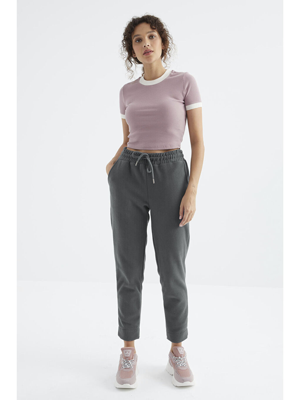 Yeşil Çağla Yüksel Bel Rahat Form Geniş Paça Cepli Kadın Polar Eşofman Alt - 94623-4