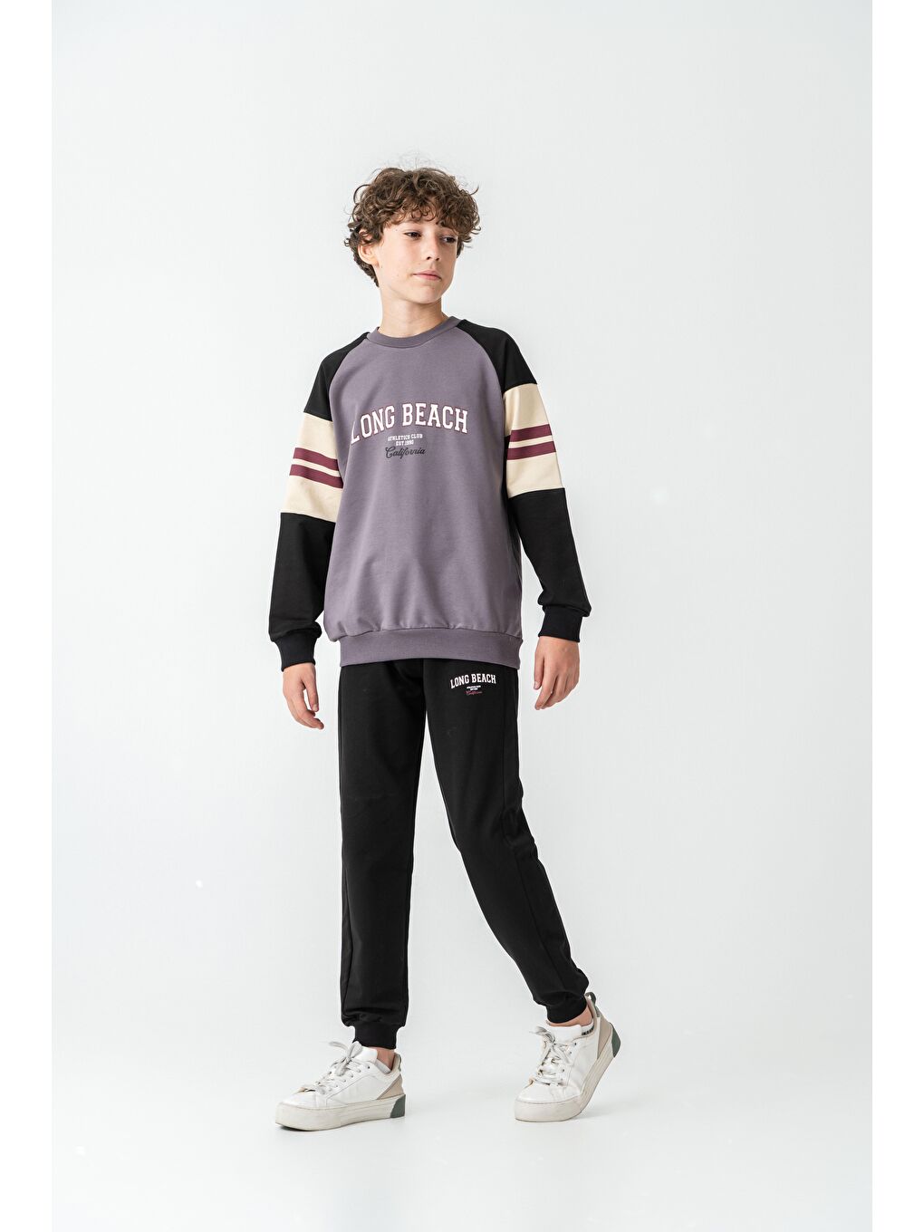 Gri Long Beach Baskılı Üst Sweat Kollar Garnili  Erkek Çocuk Alt Üst Eşofman Takımı-2