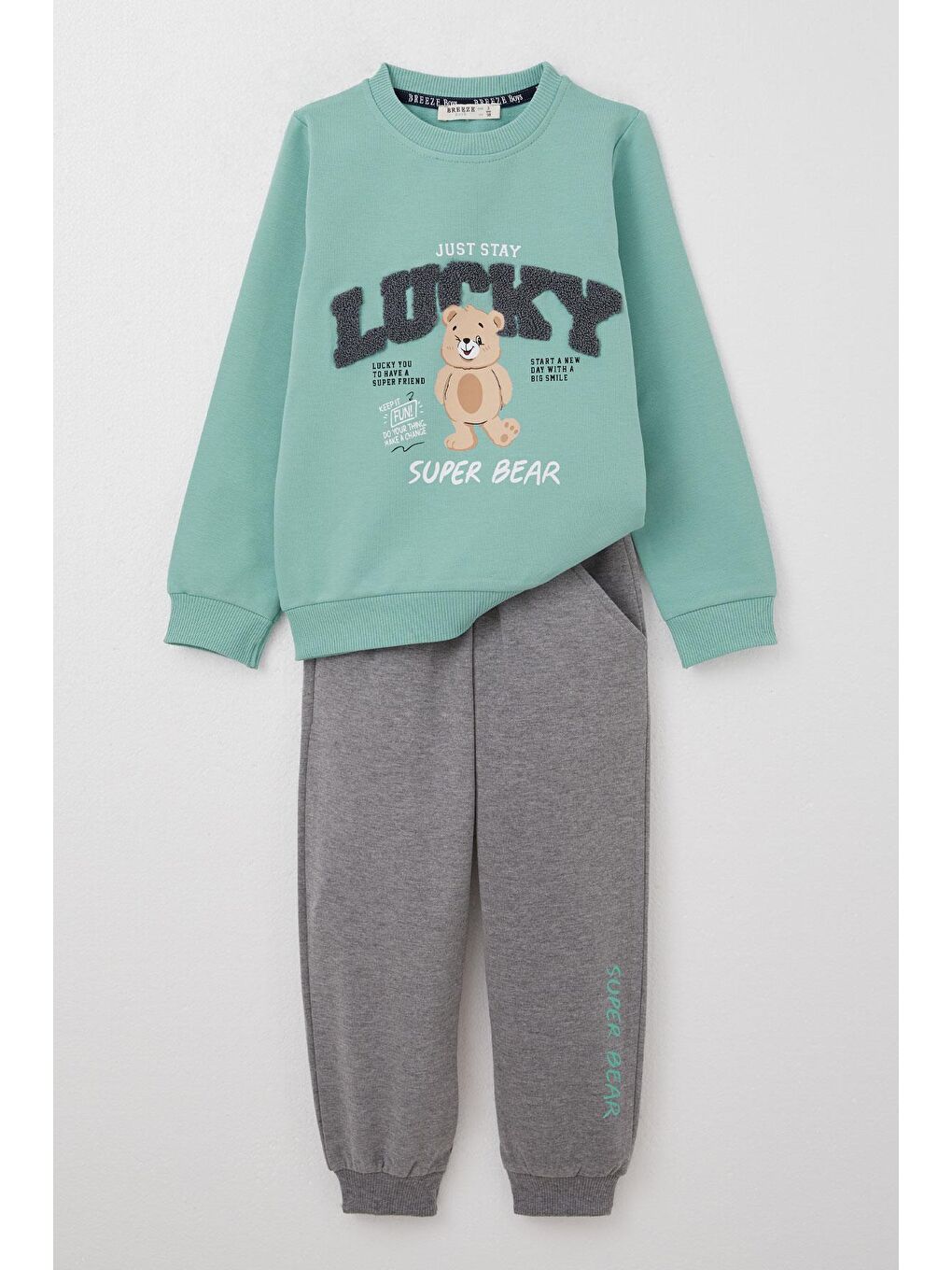 Turkuaz Erkek Bebek Eşofman Takım Şanslı Ayıcık Baskılı Yazı Nakışlı Su Yeşili (1 Yaş)