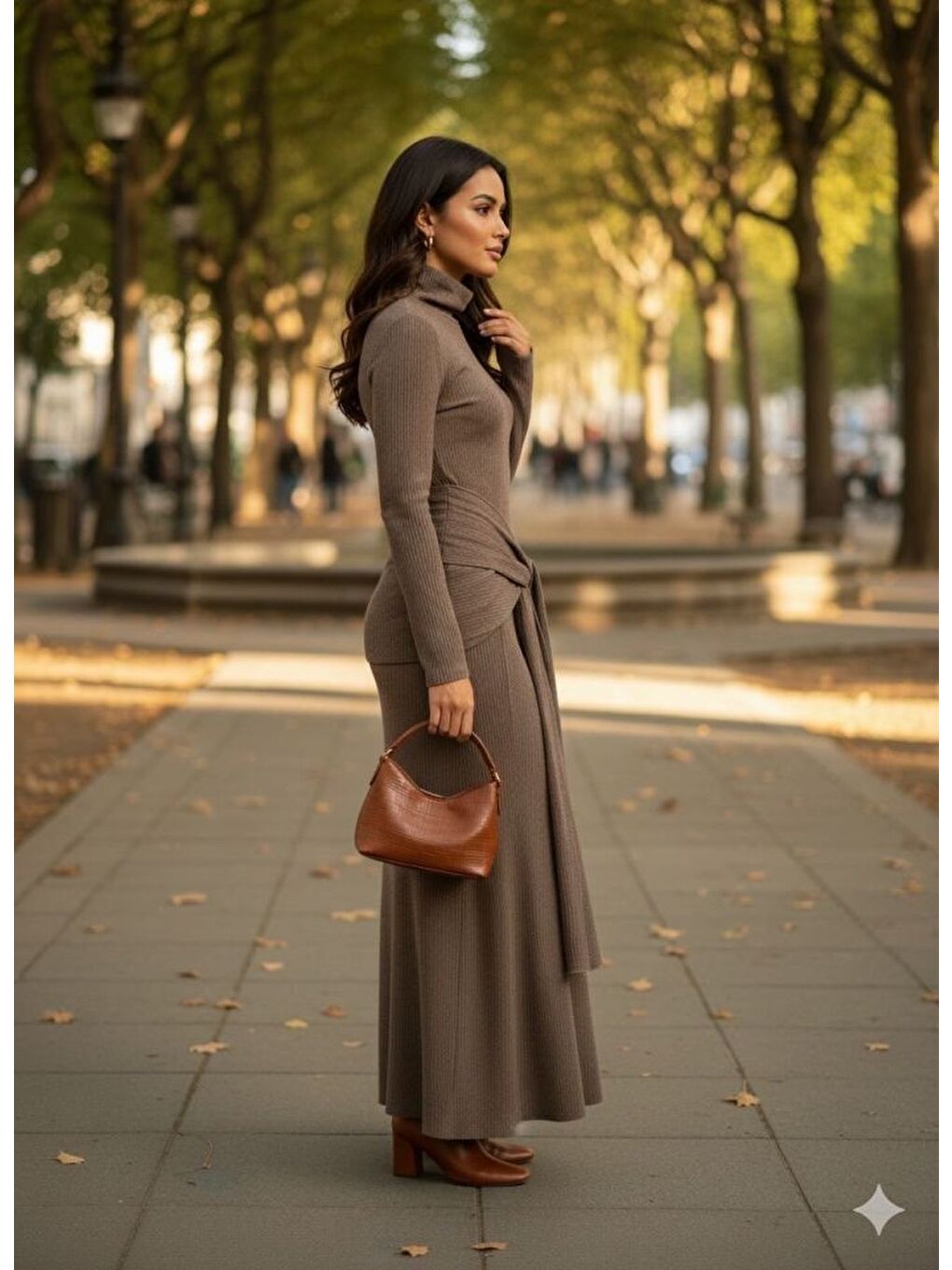 Kahverengi Kadın Uzun Kollubalıkçı Yaka Bürümcük Kumaş Kuşak Dahilkalem Elbise-1