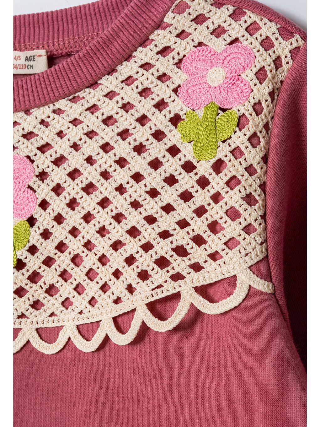 Pembe Kız Çocuk 3 İplik Kumaş Dantelli Yaka İspanyol Paça Eşofman Takımı-1