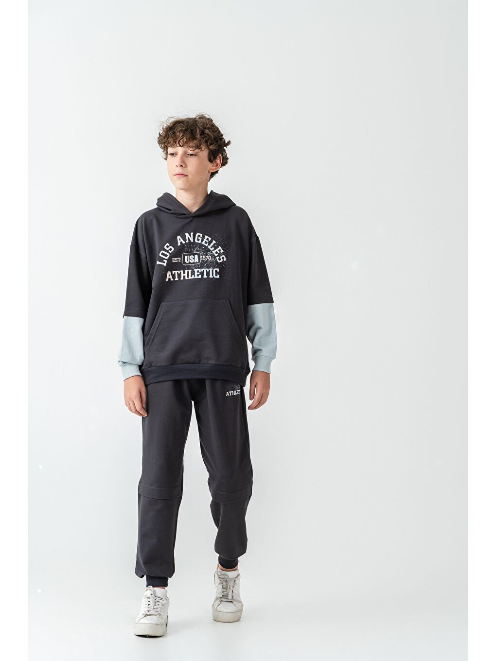 Gri Los Angels Athletic Baskılı Kapüşonlu Kanguru Cepli Erkek Çocuk Alt Üst Eşofman Takımı-1