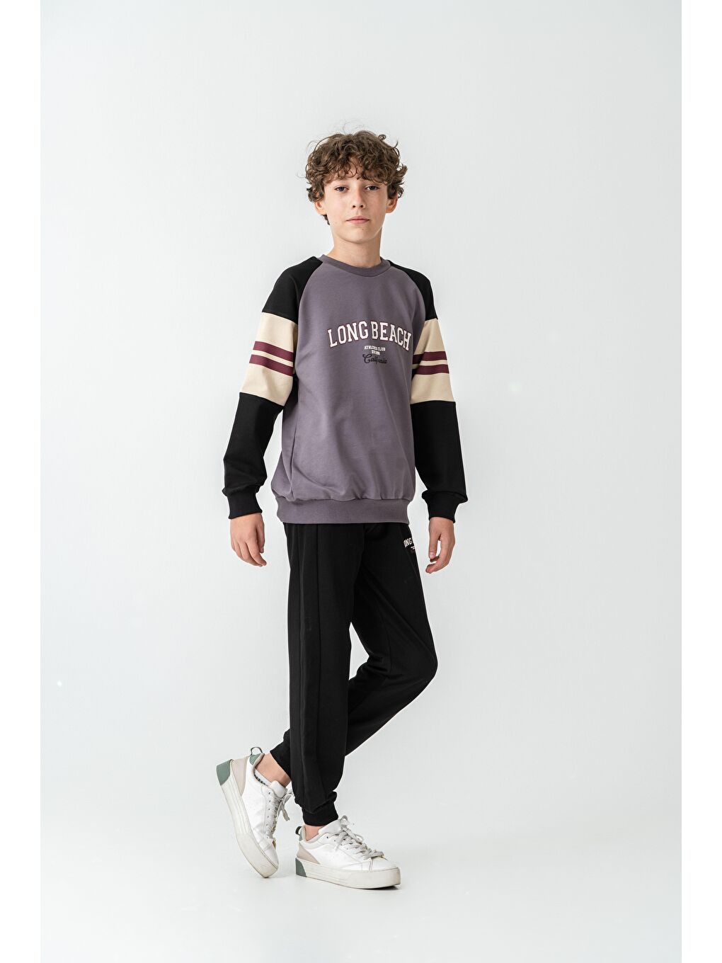 Gri Long Beach Baskılı Üst Sweat Kollar Garnili  Erkek Çocuk Alt Üst Eşofman Takımı-3