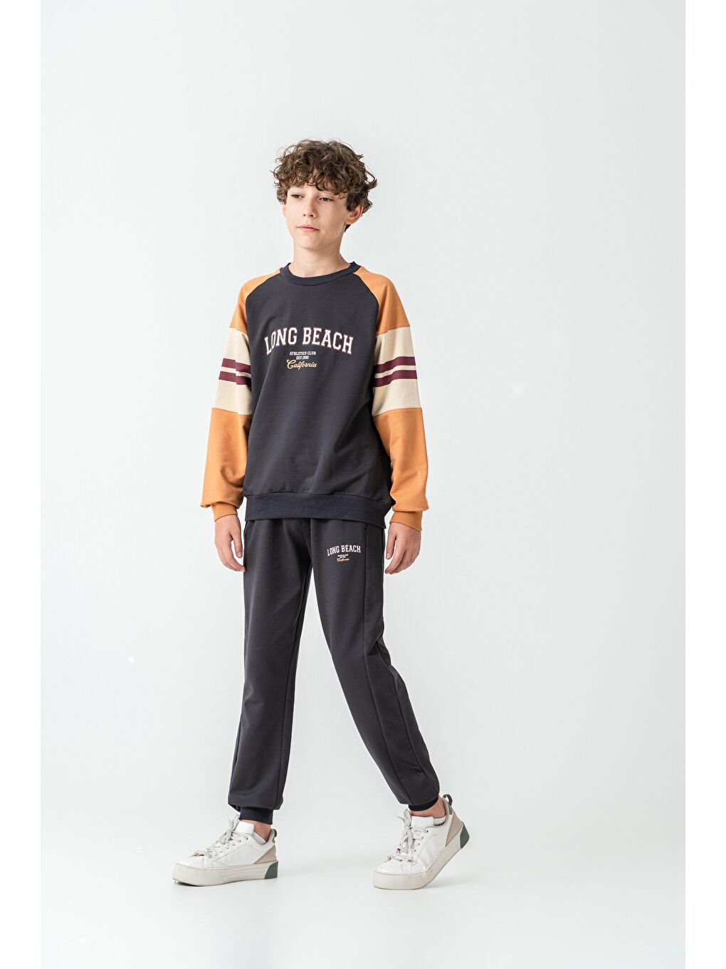 Gri Long Beach Baskılı Üst Sweat Kollar Garnili  Erkek Çocuk Alt Üst Eşofman Takımı-2