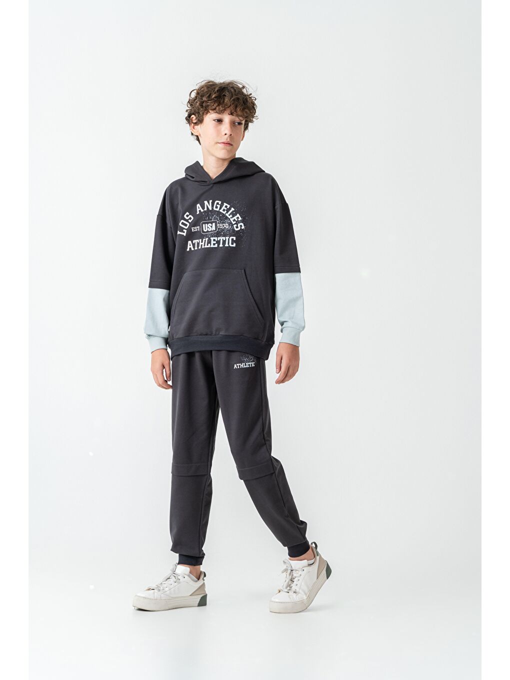 Gri Los Angels Athletic Baskılı Kapüşonlu Kanguru Cepli Erkek Çocuk Alt Üst Eşofman Takımı-2