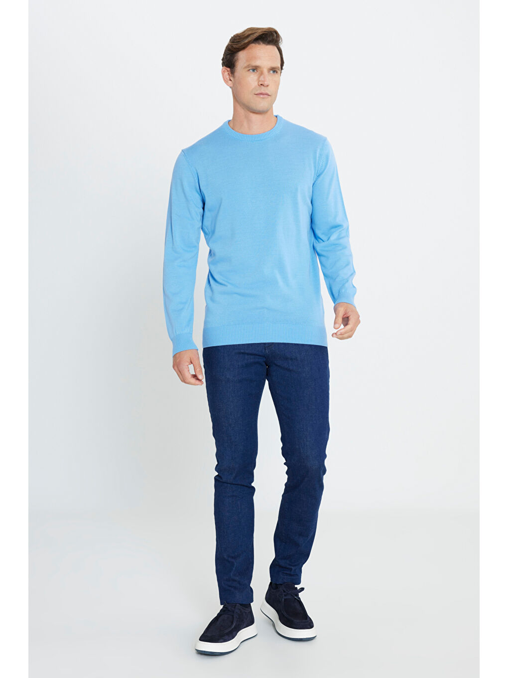 Erkek Açık Mavi Anti-Pilling Tüylenme Yapmayan Standart Fit Normal Kesim Bisiklet Yaka Triko Kazak-1