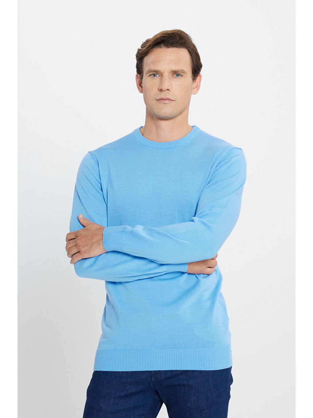 Erkek Açık Mavi Anti-Pilling Tüylenme Yapmayan Standart Fit Normal Kesim Bisiklet Yaka Triko Kazak-2