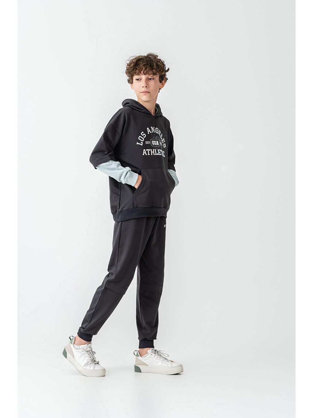 Gri Los Angels Athletic Baskılı Kapüşonlu Kanguru Cepli Erkek Çocuk Alt Üst Eşofman Takımı-3