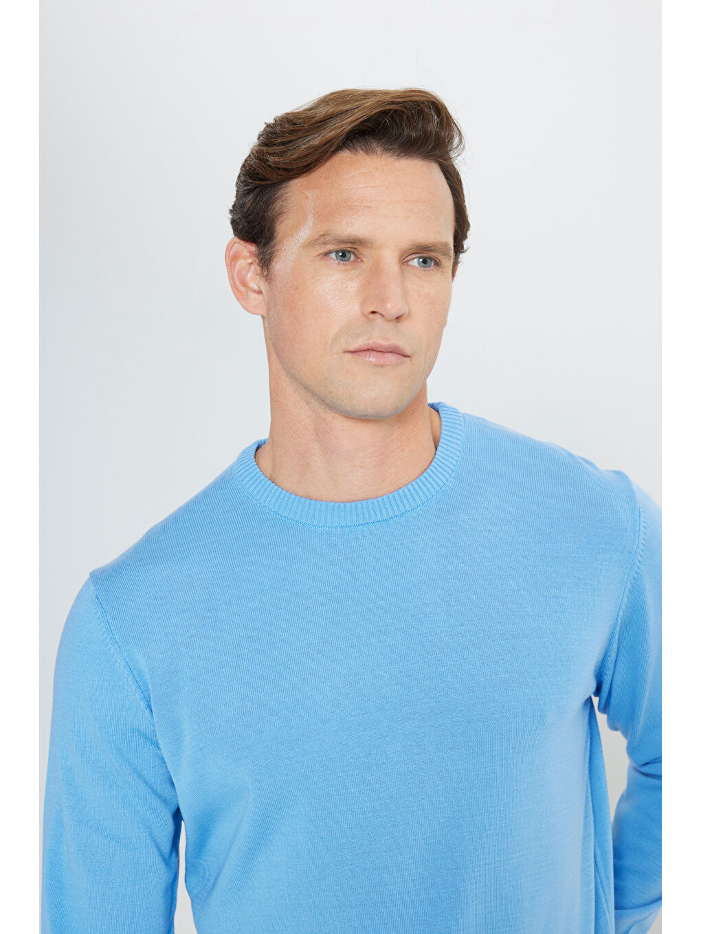 Erkek Açık Mavi Anti-Pilling Tüylenme Yapmayan Standart Fit Normal Kesim Bisiklet Yaka Triko Kazak-3