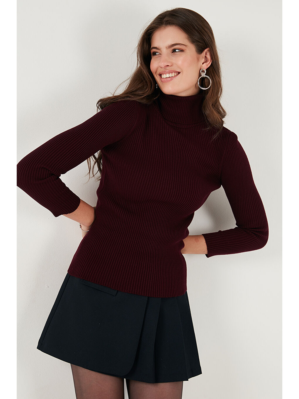 Bordo Fitilli Regular Fit Balıkçı Yaka Soft Akrilik Kadın Kazak 4614102-1