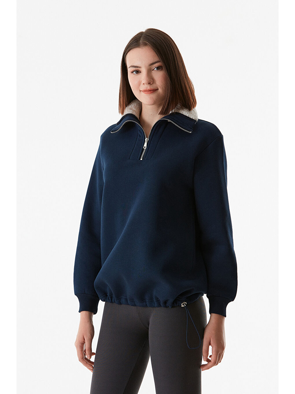 Fullamoda Lacivert Basic Yakası Pelüş Detaylı Beli Stoperli Sweatshirt