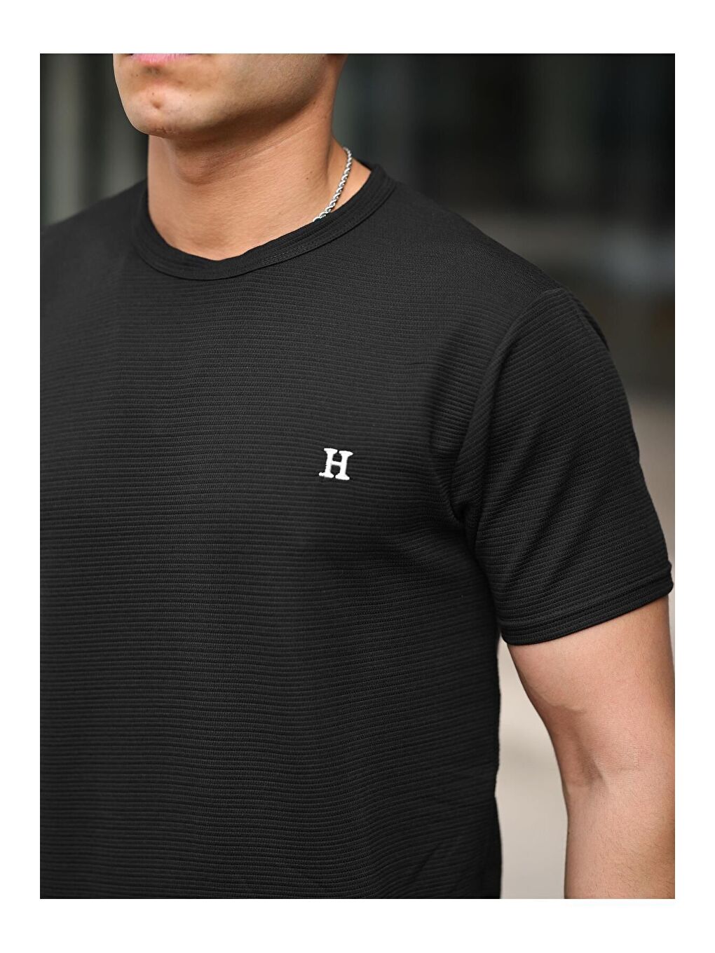 Siyah Erkek Slim Fit Waffle Kumaş Sıfır Yaka Nakışlı T-shirt-1