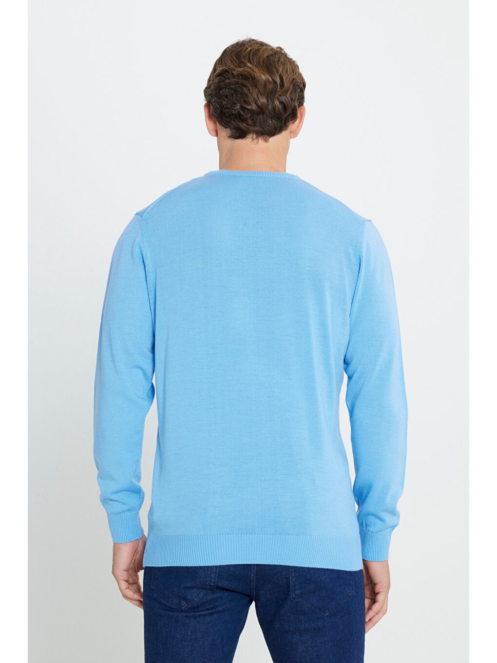 Erkek Açık Mavi Anti-Pilling Tüylenme Yapmayan Standart Fit Normal Kesim Bisiklet Yaka Triko Kazak-4