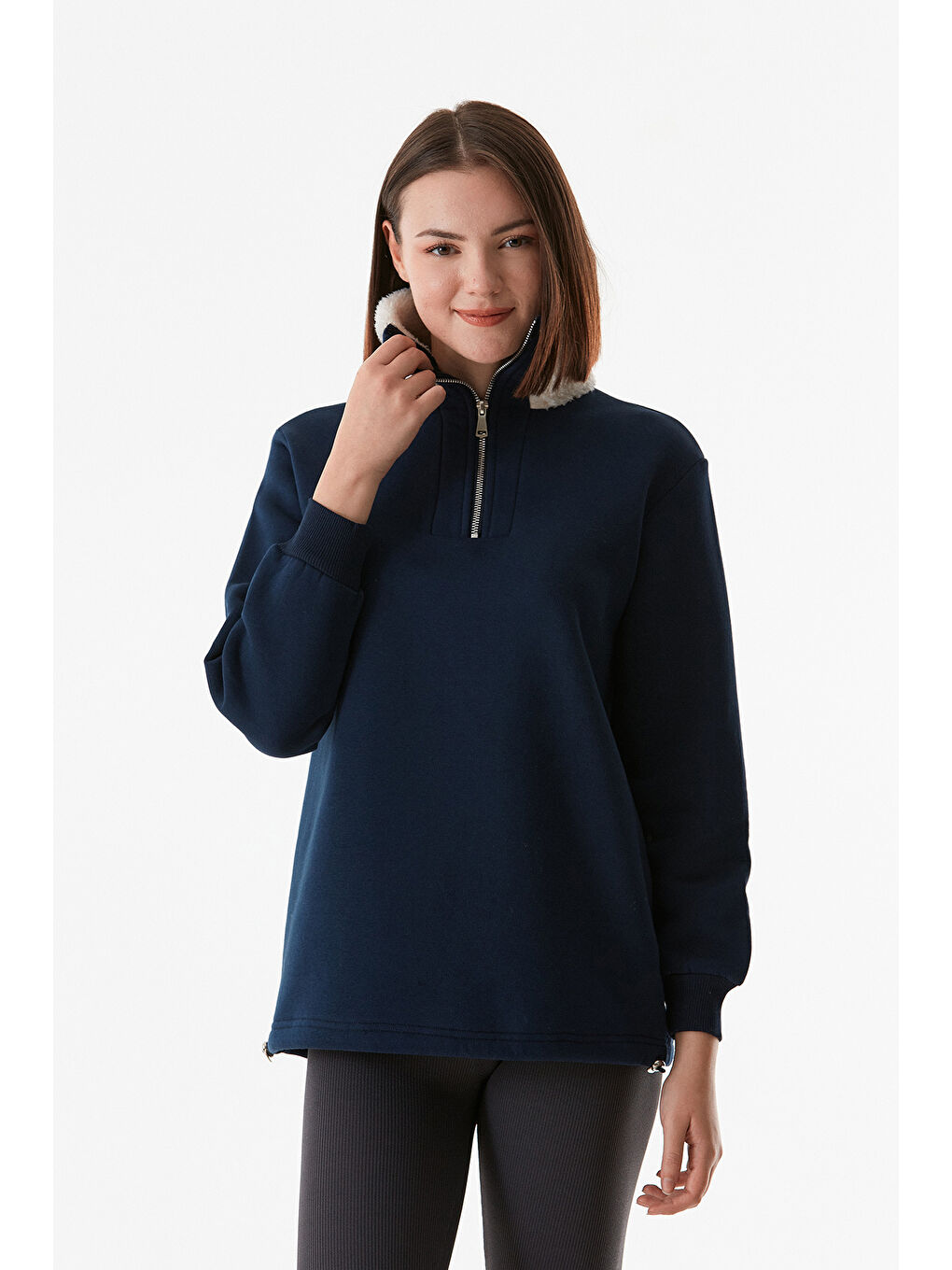 Fullamoda Lacivert Basic Yakası Pelüş Detaylı Beli Stoperli Sweatshirt - 1