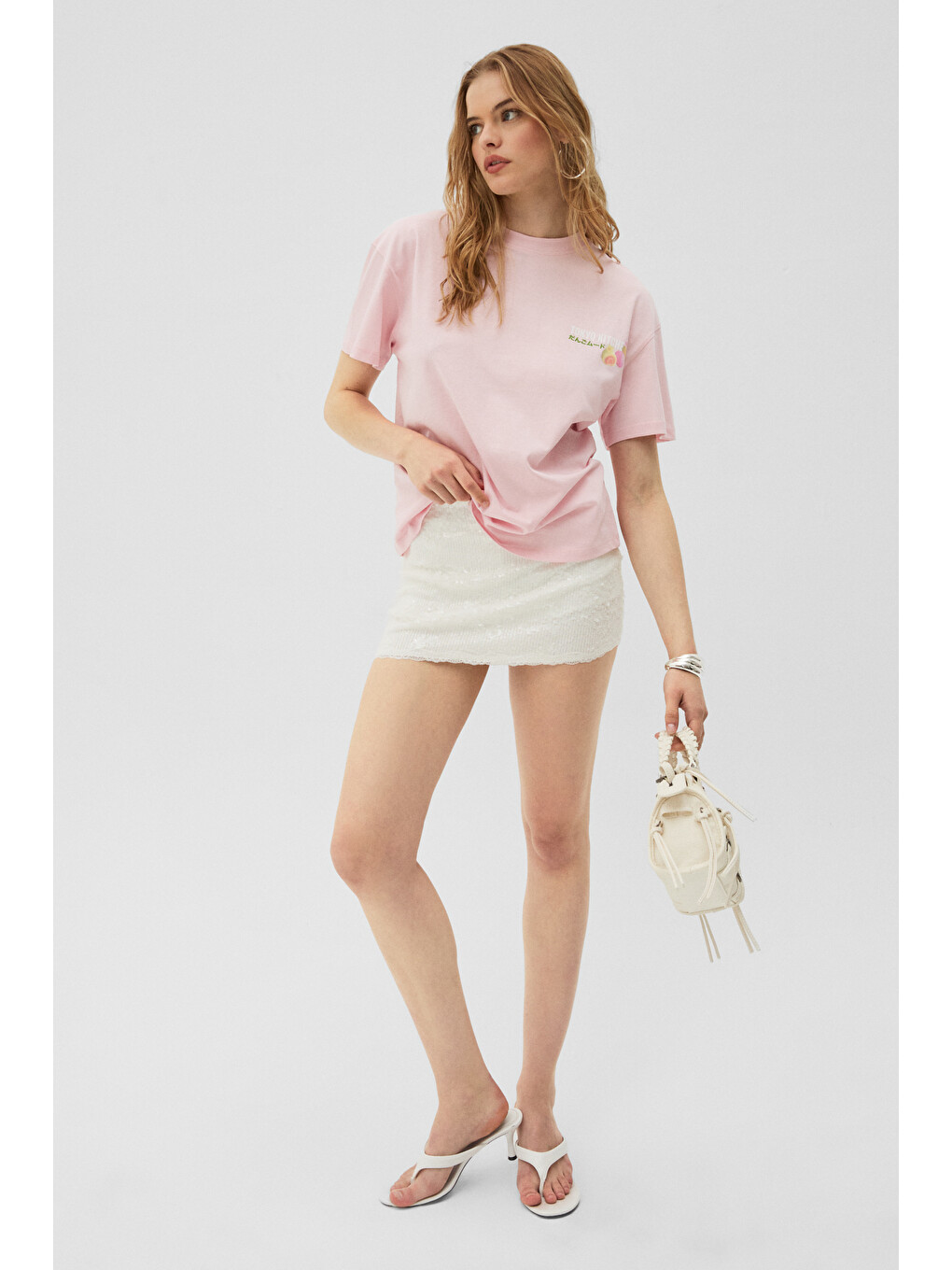 Pembe MOCHI Kadın %100 Organik Pamuklu Yuvarlak Yakalı Baskılı PEMBE T-Shirt-2