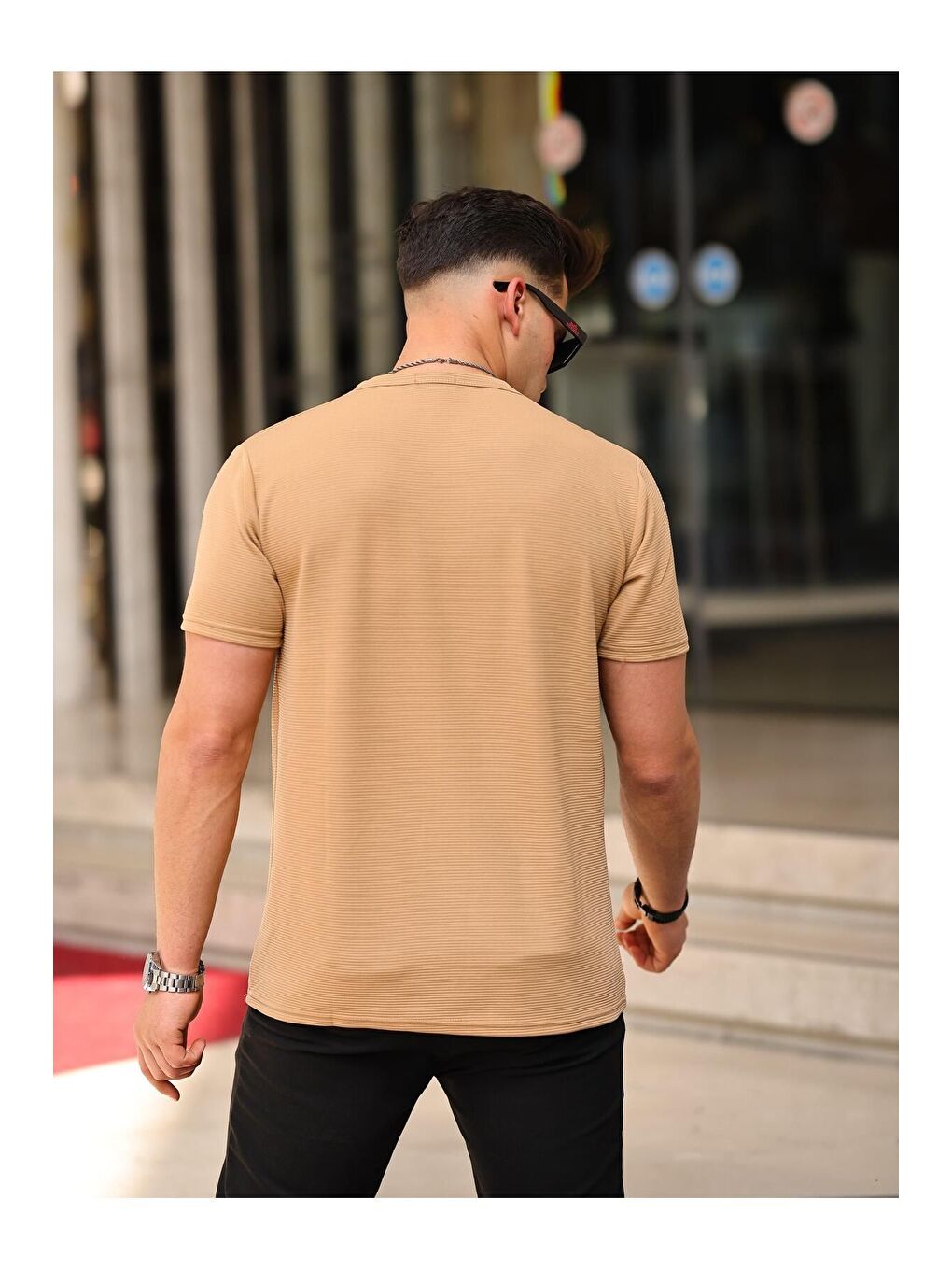 Kahverengi Erkek Slim Fit Waffle Kumaş Sıfır Yaka Nakışlı T-shirt-3