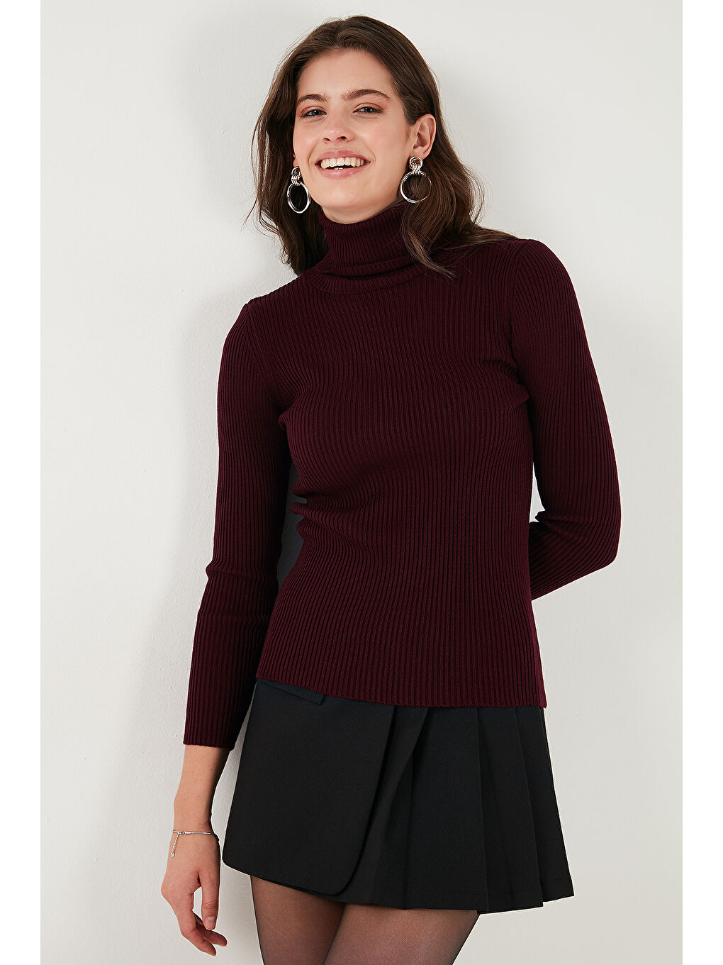 Bordo Fitilli Regular Fit Balıkçı Yaka Soft Akrilik Kadın Kazak 4614102-3